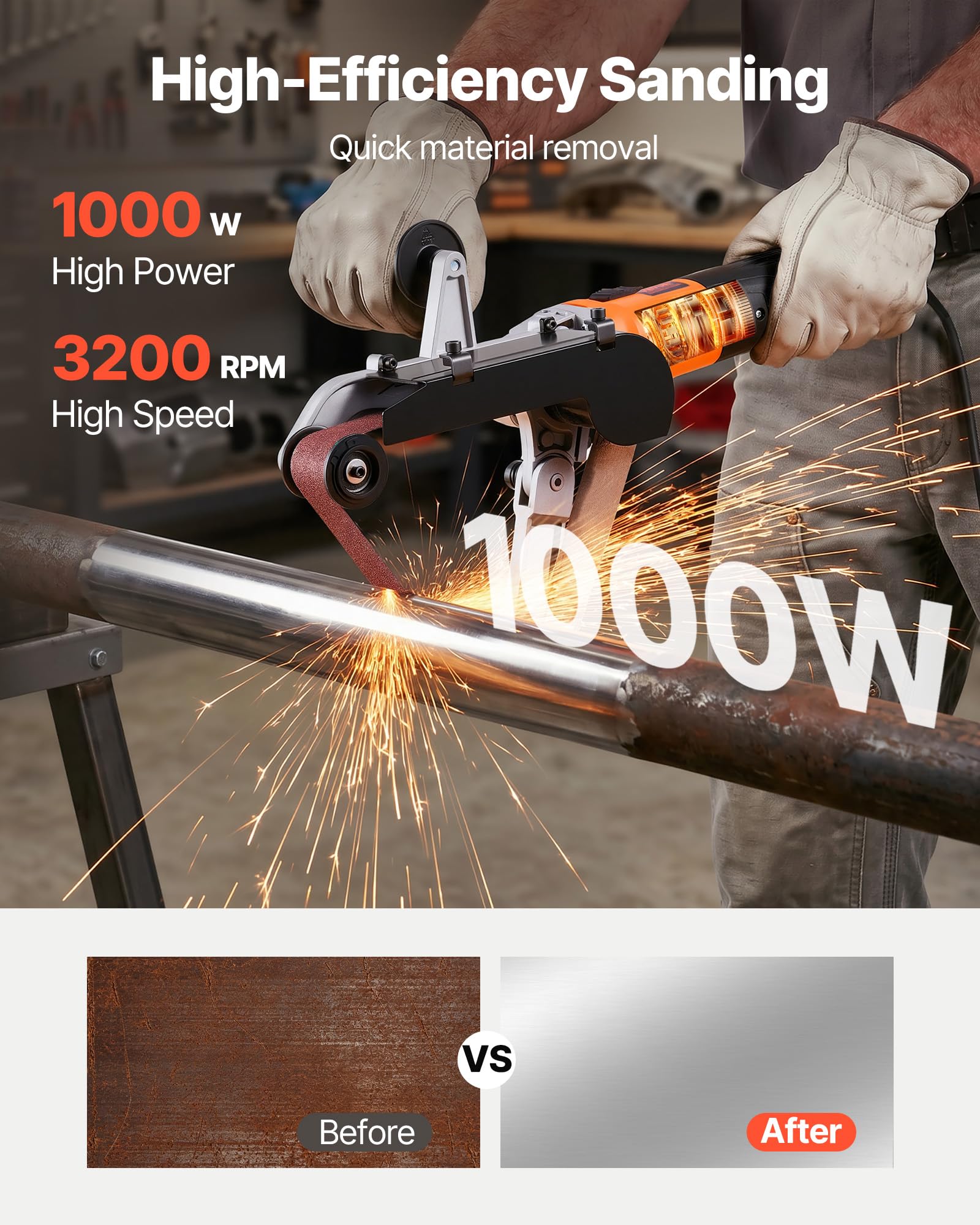 VEVOR Ponceuse à Bande, Ponceuse de Tubes Professionnelle 1300 W avec 6 Vitesses Variables 1100-3200 tr/min avec 100 Bandes Abrasives 40 x 760 mm pour Polissage, Finition, Élimination de la Rouille