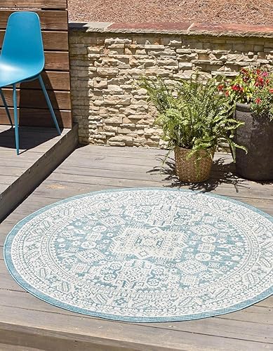 Unique Loom Outdoor Aztec Collection Alfombra de área, Chalca (5 pies 3 pulgadas, redonda, aguamarinamarfil) Unique Loom Outdoor Aztec Collection Alfombra de área, Chalca (5 pies 3 pulgadas, redonda, aguamarinamarfil)