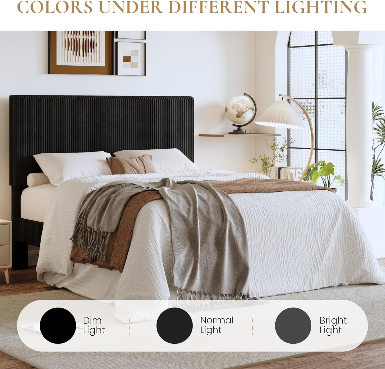 SHA CERLIN Full Bed Frame, Velvet Platform Bed Frame with Vertical Channel Tufted Headboard, Upholstered Corduroy, Strong Wooden Slats, No Box Spring Needed, Easy Assembly, Black