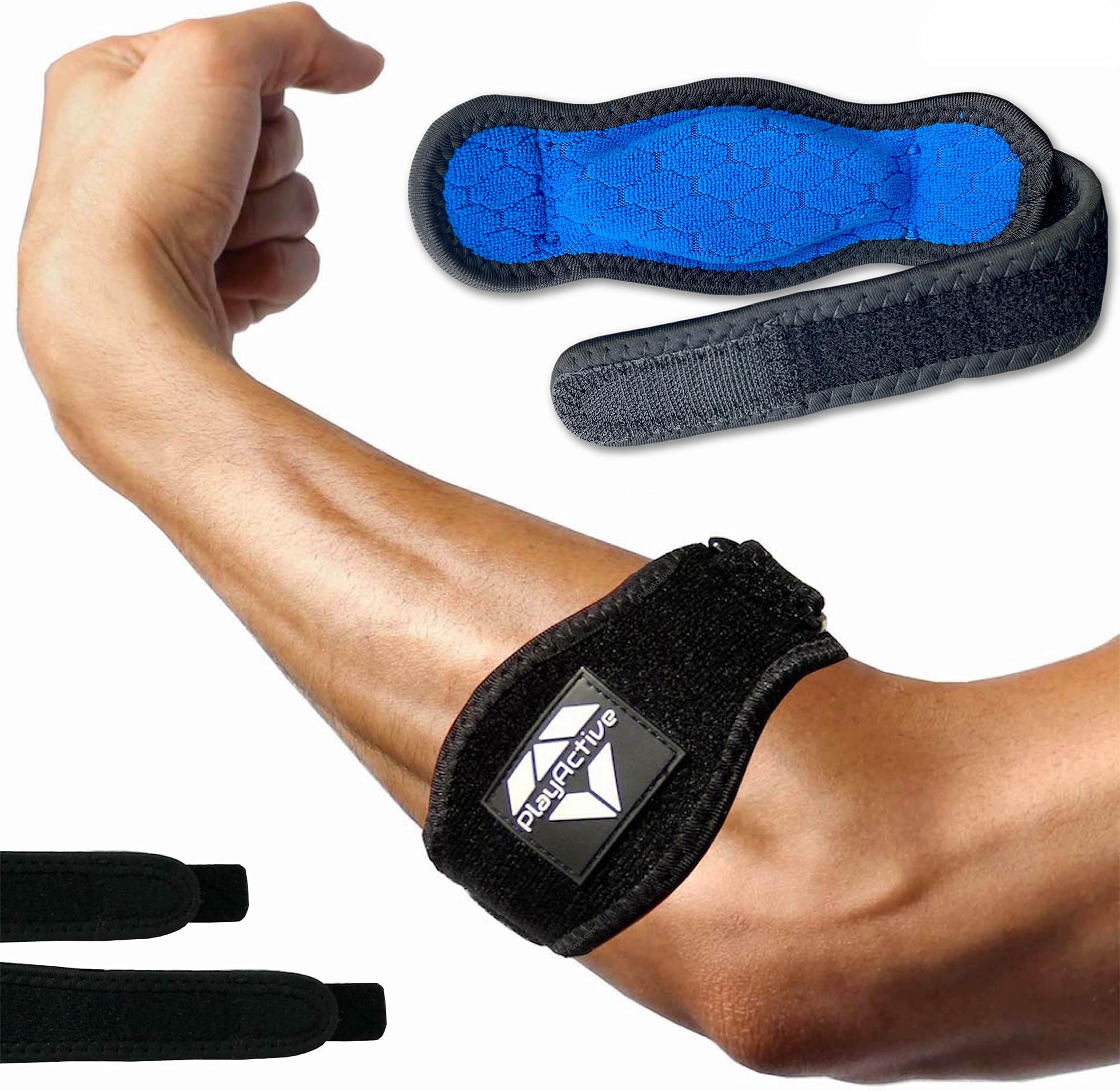 Tennis Elbow Brace (2+2 Pack) for Tendonitis - Best Tennis & Golfer's Elbow Strap Band with Compression Pad - Relieves Forearm Pain - Includes Two Elbow Support Braces, Two Extra Straps & E-Guide
