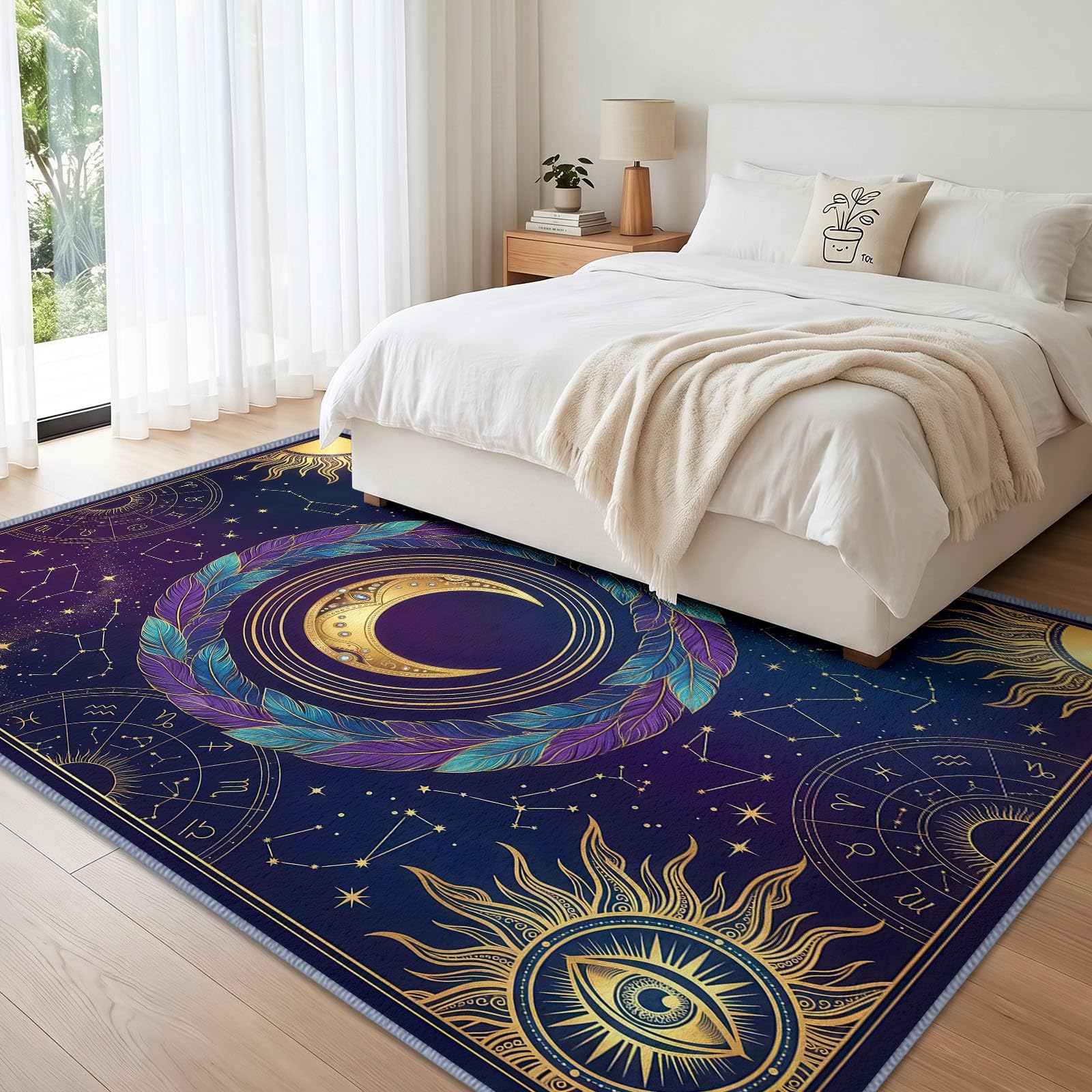 Générique Bohème Mystère Astrologie Tapis de Salon Lavable en Machine 200 x 300 cm Tapis antidérapant, Moquette Soleil Or Lune Plume Violette pour Le Salon, l'entrée, la Chambre et la Cuisine