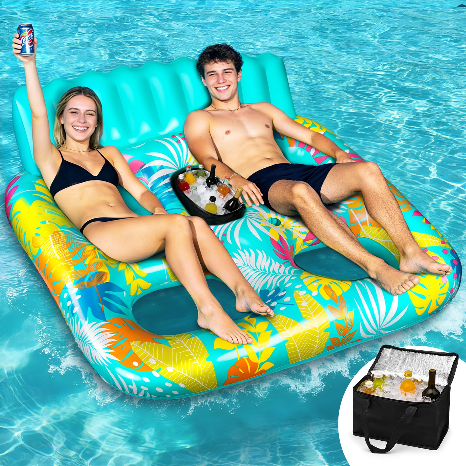 FORMIZON Materassino Gonfiabile Mare, Materassino Piscina 2 Posti, Tanning Pool Piscina Grande Abbronzante Gonfiabile con Ghiaccio Bar Borsa Termica Portabevande e Cuscino per Acqua Festa