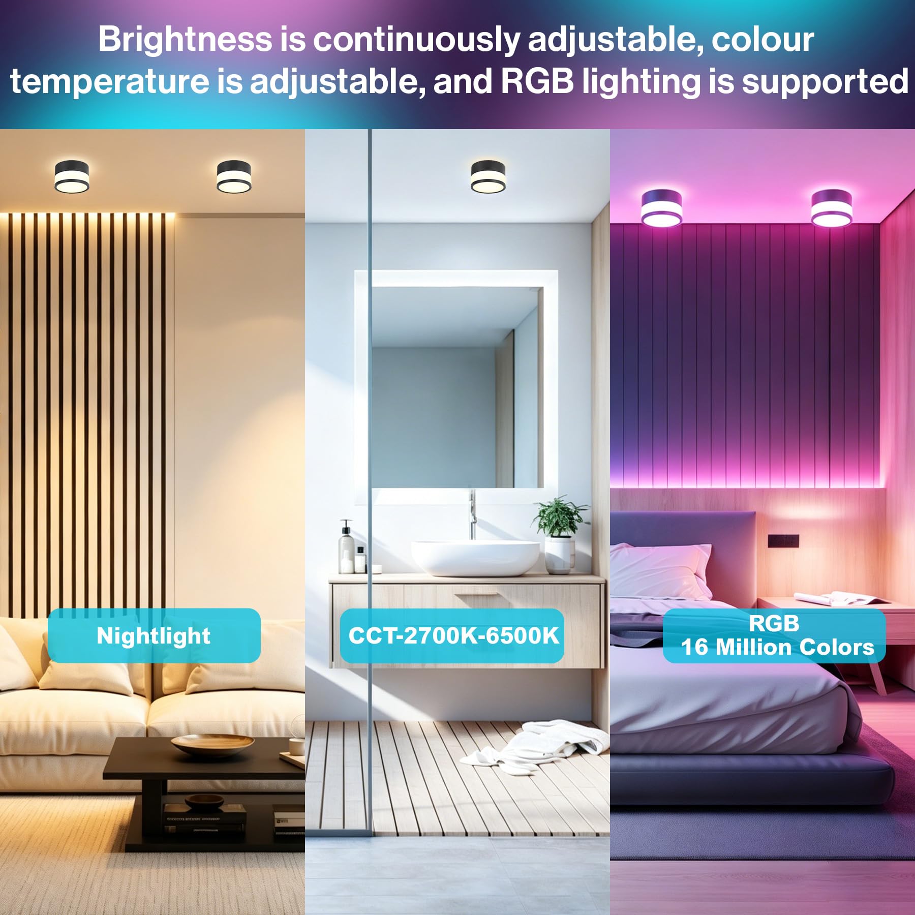 2x Faretti da Soffitto LED RGB Dimmerabile, IP65 Plafoniere Faretti led soffitto con telecomando APP, Plafoniera da soffitto 12W Nero 2700K-6500K, Piatto,Alluminio,230V,Rotonda,luce da bagno,Ø10,9cm