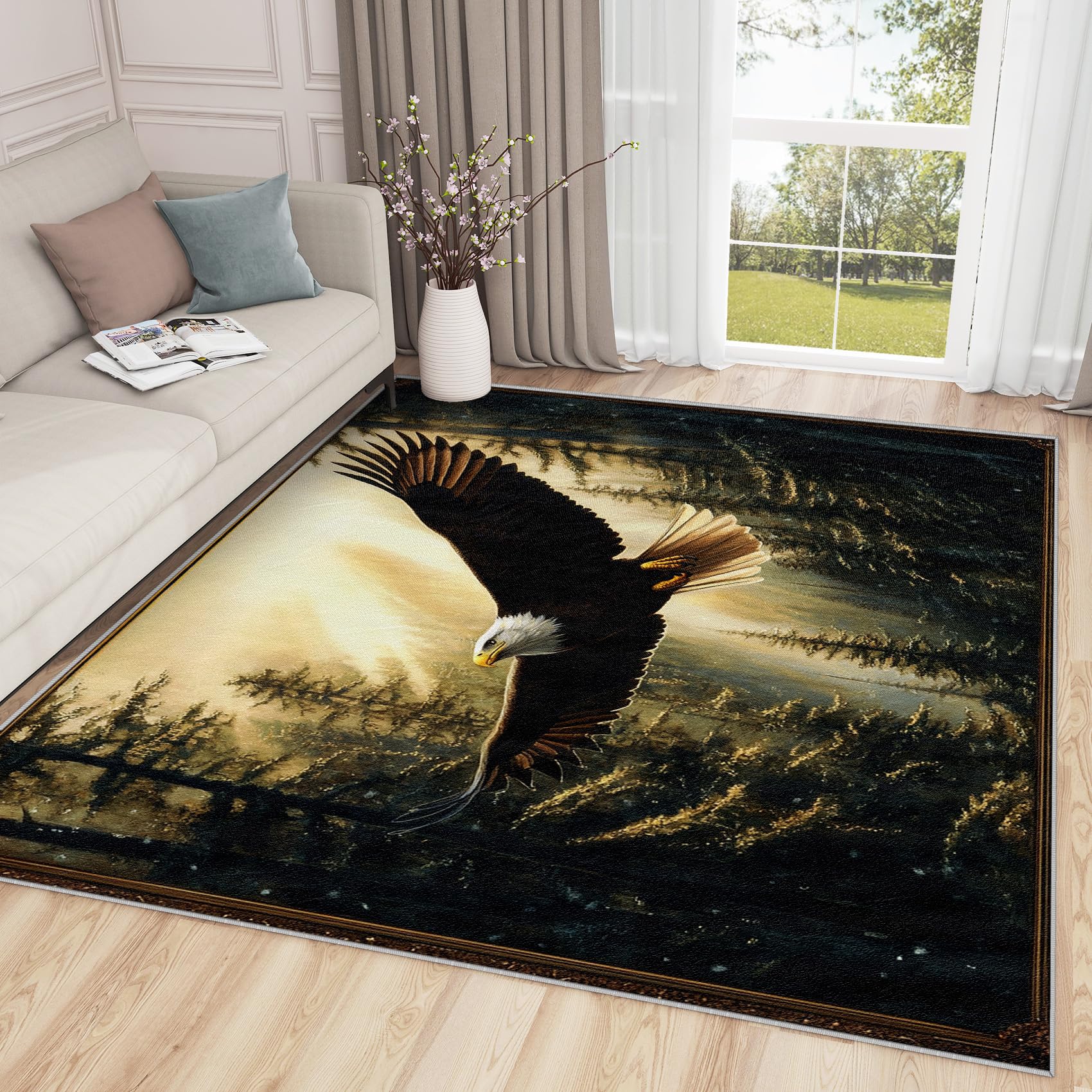 Aquailis Eagle Rugs for Bedroom - 2x3 Rug, Bald Eagle Area Rug, Forest Animal Washable Non Slip Soft Rugs, Rustic Wildlife Carpet, Forest Landscape