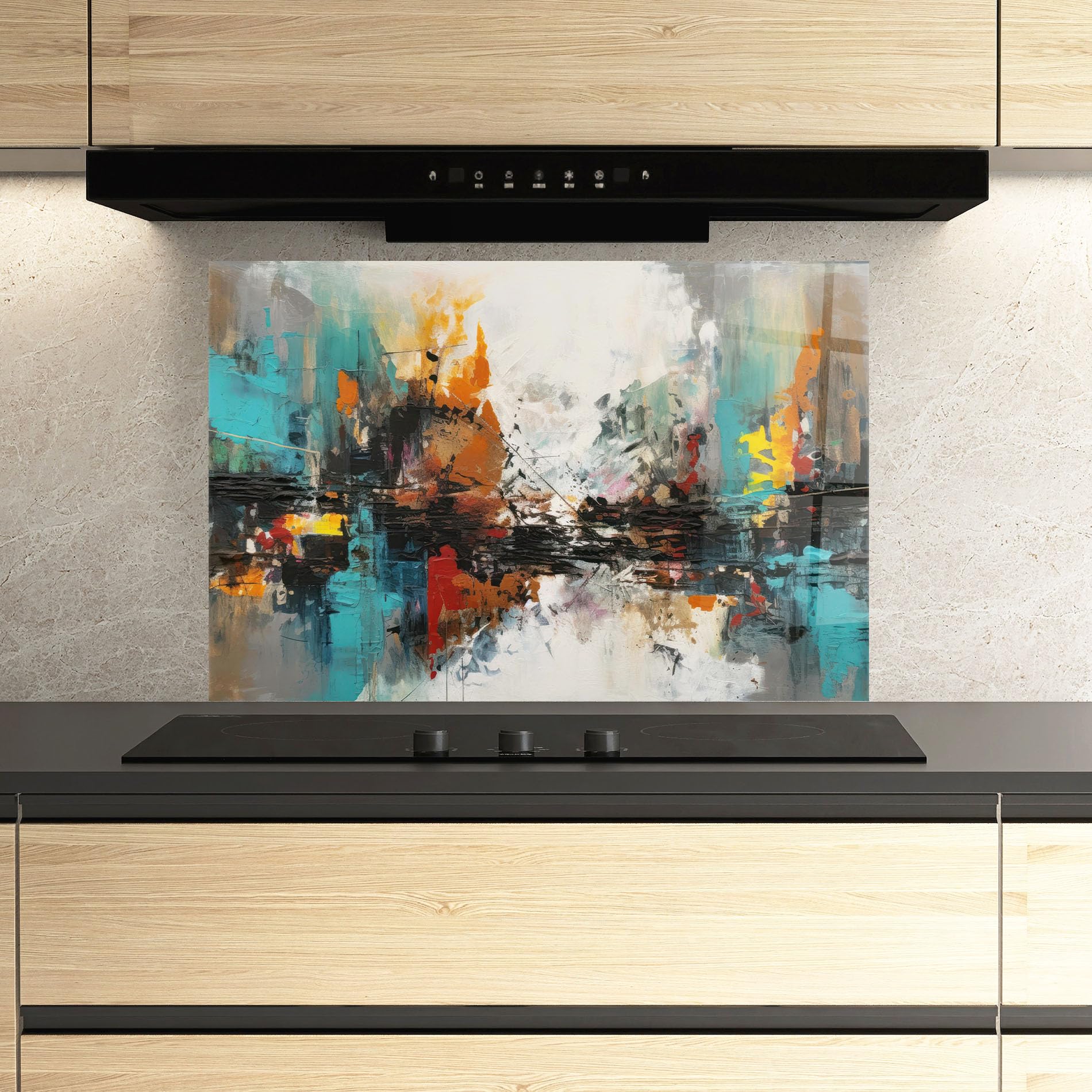ARTHUB® Paraschizzi Cucina in Vetro temperato 50x70 cm, Abstract City Painting | Protezione Contro Gli Schizzi, Protezione murale per fornelli, Vetro temperato, Astratto, Arte Astratta