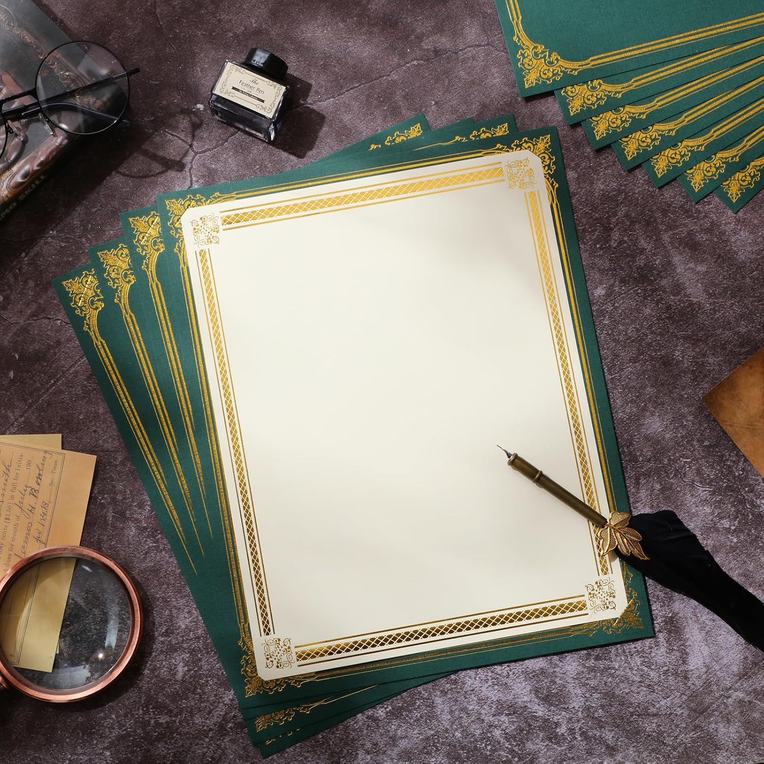 Kosiz 50 Pcs Single Sided Certificate Holders with Gold Foil Border for 8.5 x 11'' Certificates Cardstock Document Papers Graduation Diploma Covers Competition Supplies, Linen Textured (Green)