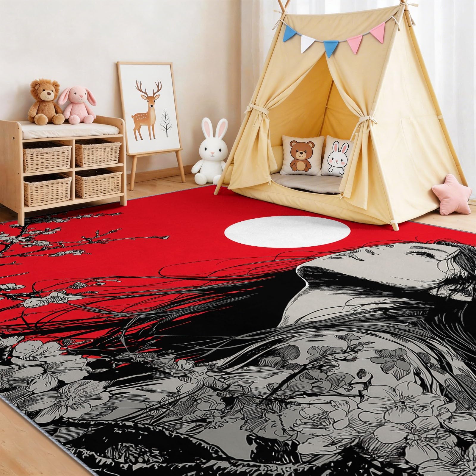 Dywan do salonu, 120 x 170 cm, tradycyjny orientalny anime dziewczęcy kwiatowy dywan miękki dywan z krótkim włosiem, zmywalny i antypoślizgowy, odporny na plamy do salonu, sypialni, biura, czerwony
