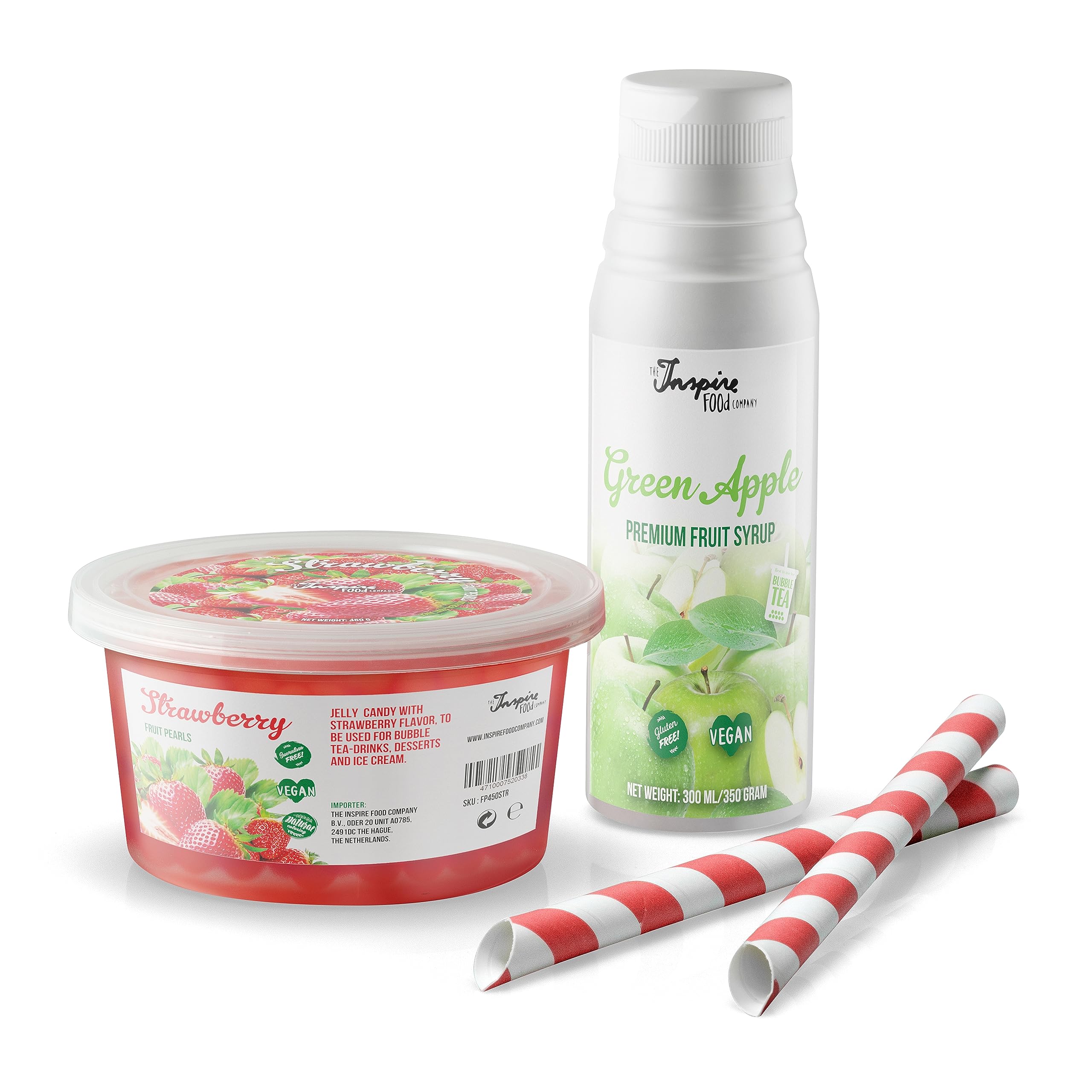 POPPING BOBA SET per Bubble Tea - 1x Popping Boba alla Fragola 450 g, 1x verde Sciroppo di frutta alla Mela verde 300ml & 2x Canucce - nessun colorante artificiale, 100% vegan e senza glutine