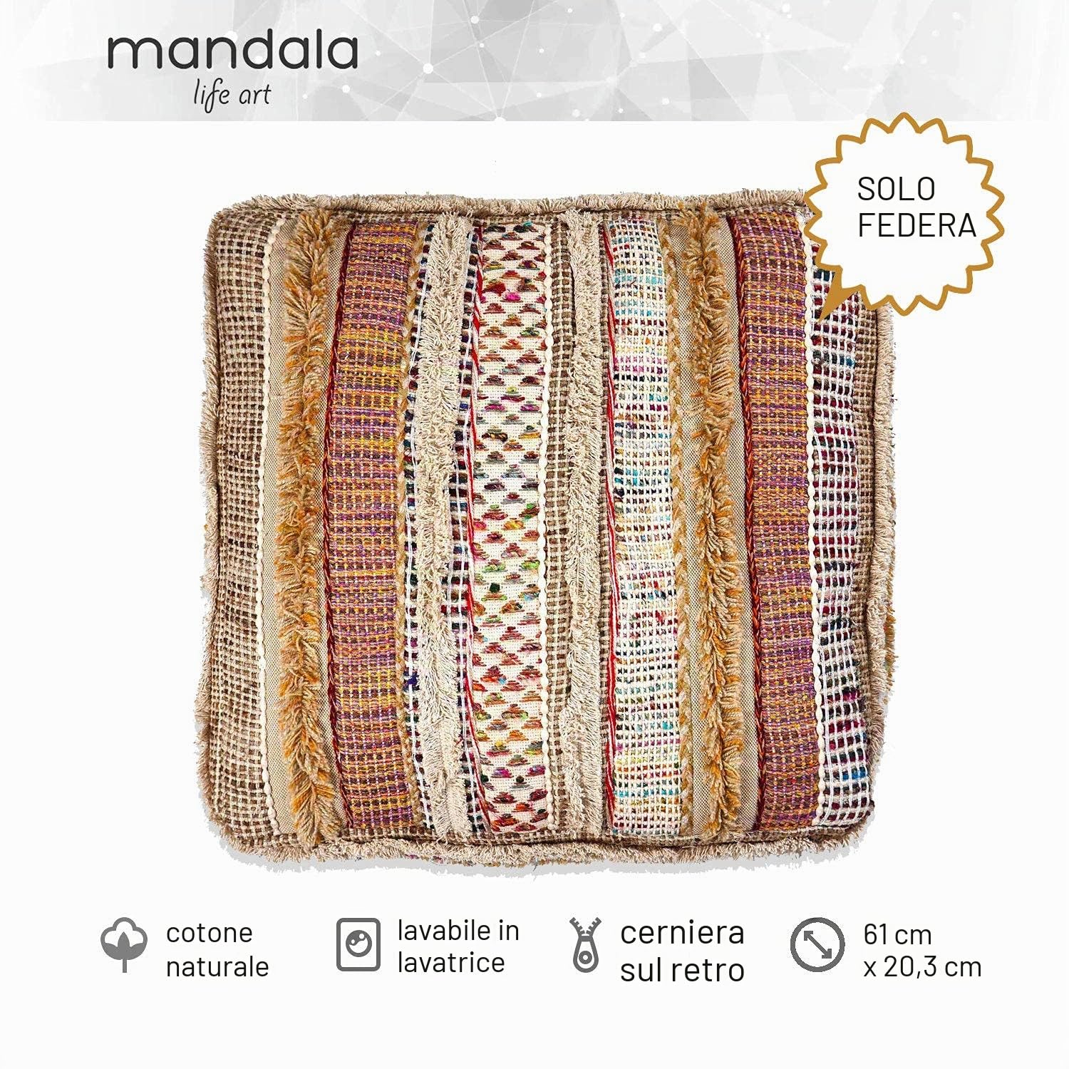 Mandala Life ART Fodera per cuscino da pavimento quadrato bohémien - 60x20 cm - 100% cotone - Custodia pouf per pouf per soggiorno, camera da letto, patio e altro