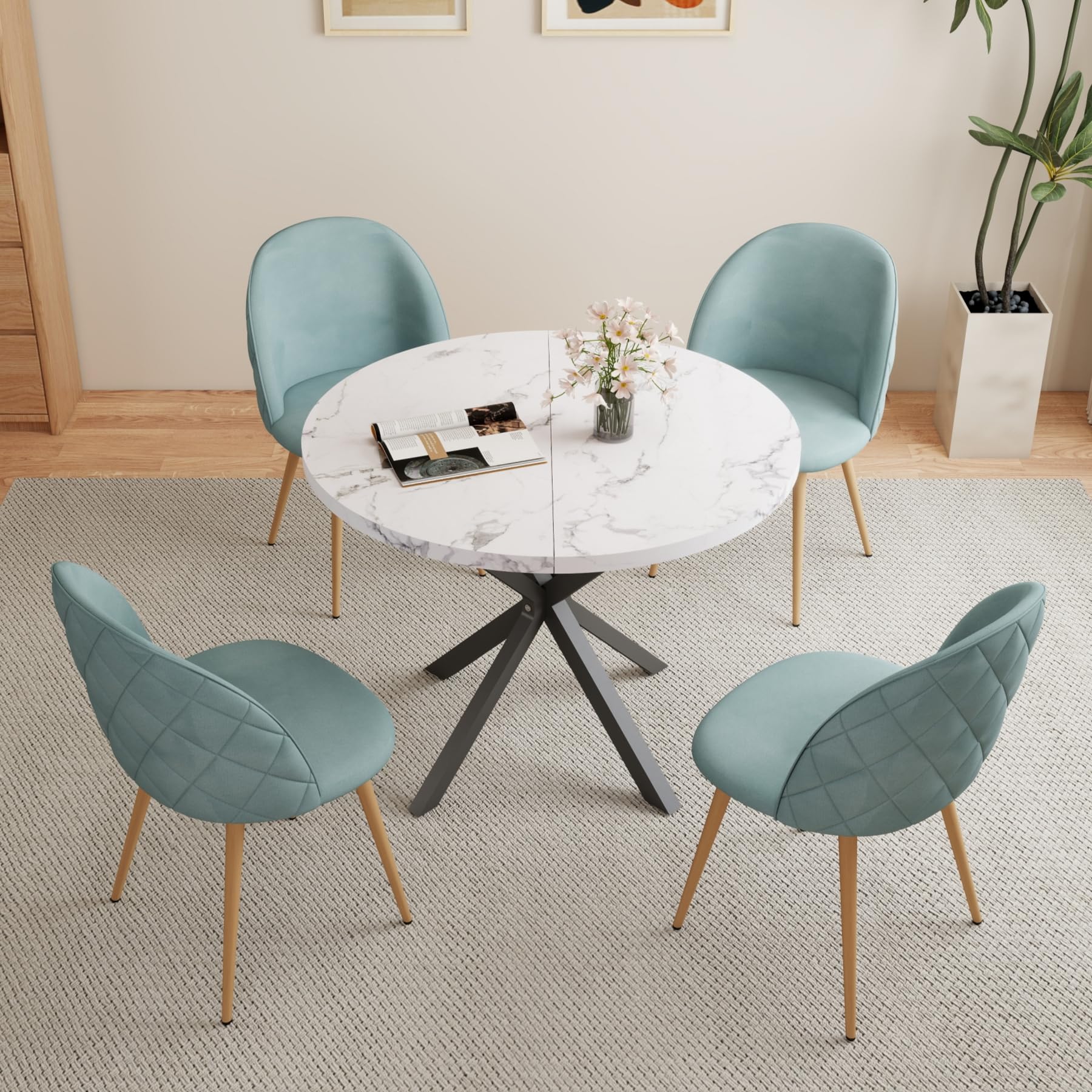 GrandCA HOME Table de Salle à Manger Ronde avec Plateau Effet Marbre Moderne, Table de Cuisine avec Quatre Pieds en Métal, pour Salle à Manger, Salon,Blanc + BKL