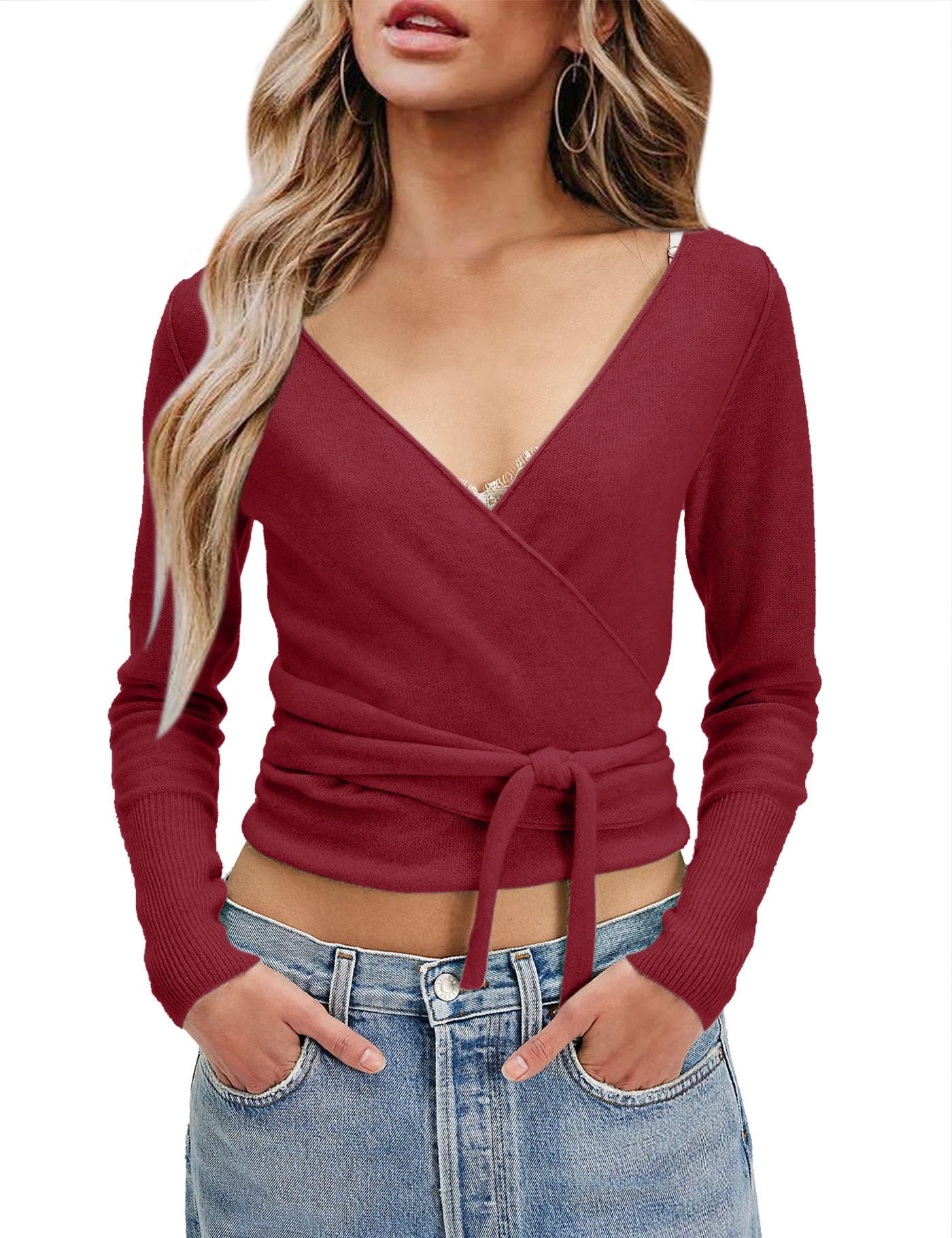 PRETTODAY Womens Wrap Knit Sweater V Neck Tie Front Long Sleeve Casual Pullover Tops