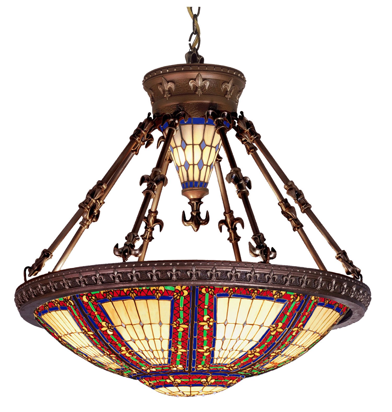 98983 Fleur-De-Lis Collection 6-Light Pendant, Mahogany Bronze Finish with Yellow, Blue and Red Stained Art Glass