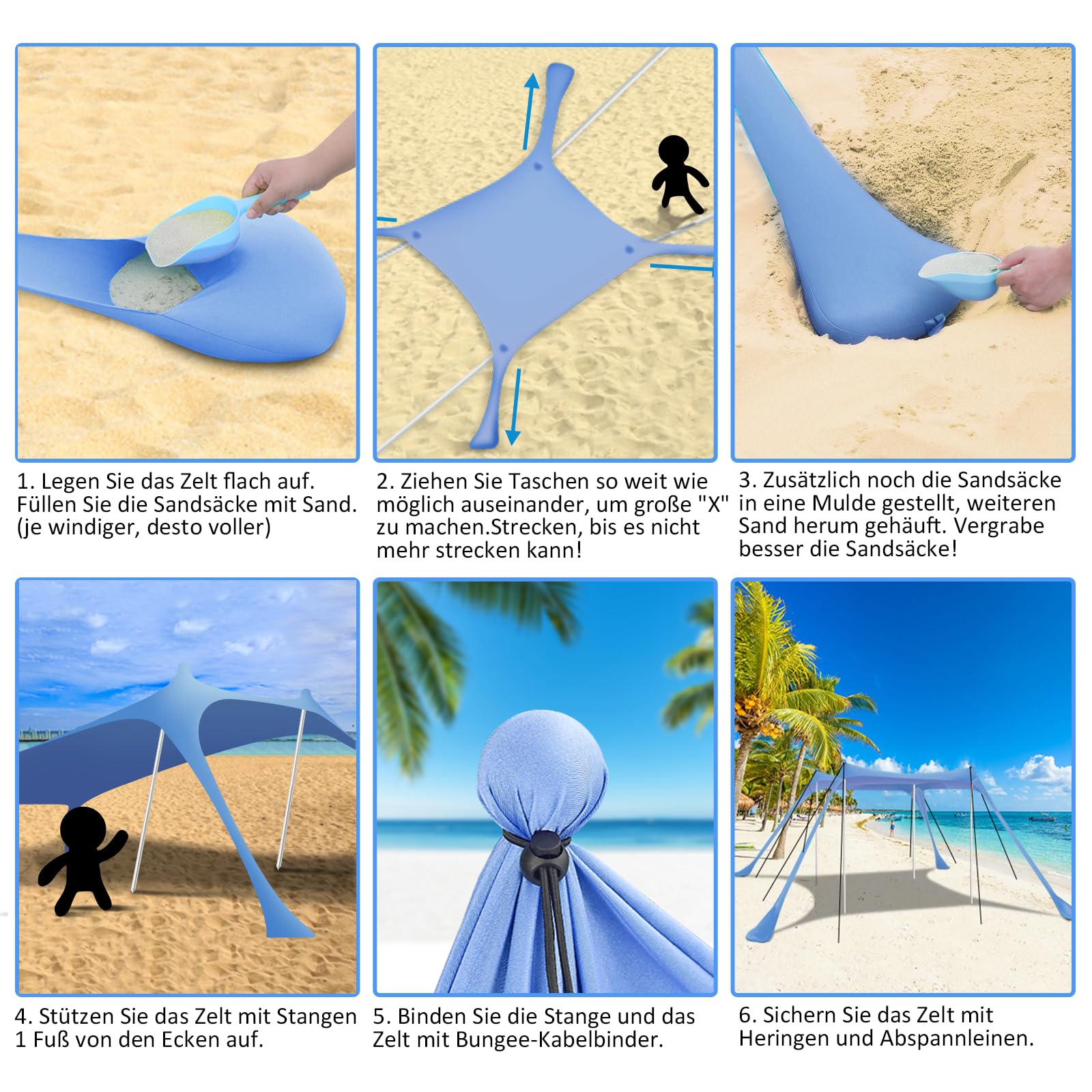 Tente de plage, voile d'ombrage de plage, 3 x 3 m, SPF 50+, avec piquets de sable et barres de stabilité, protection contre le vent, protection solaire, plage pour l'extérieur, le camping, la