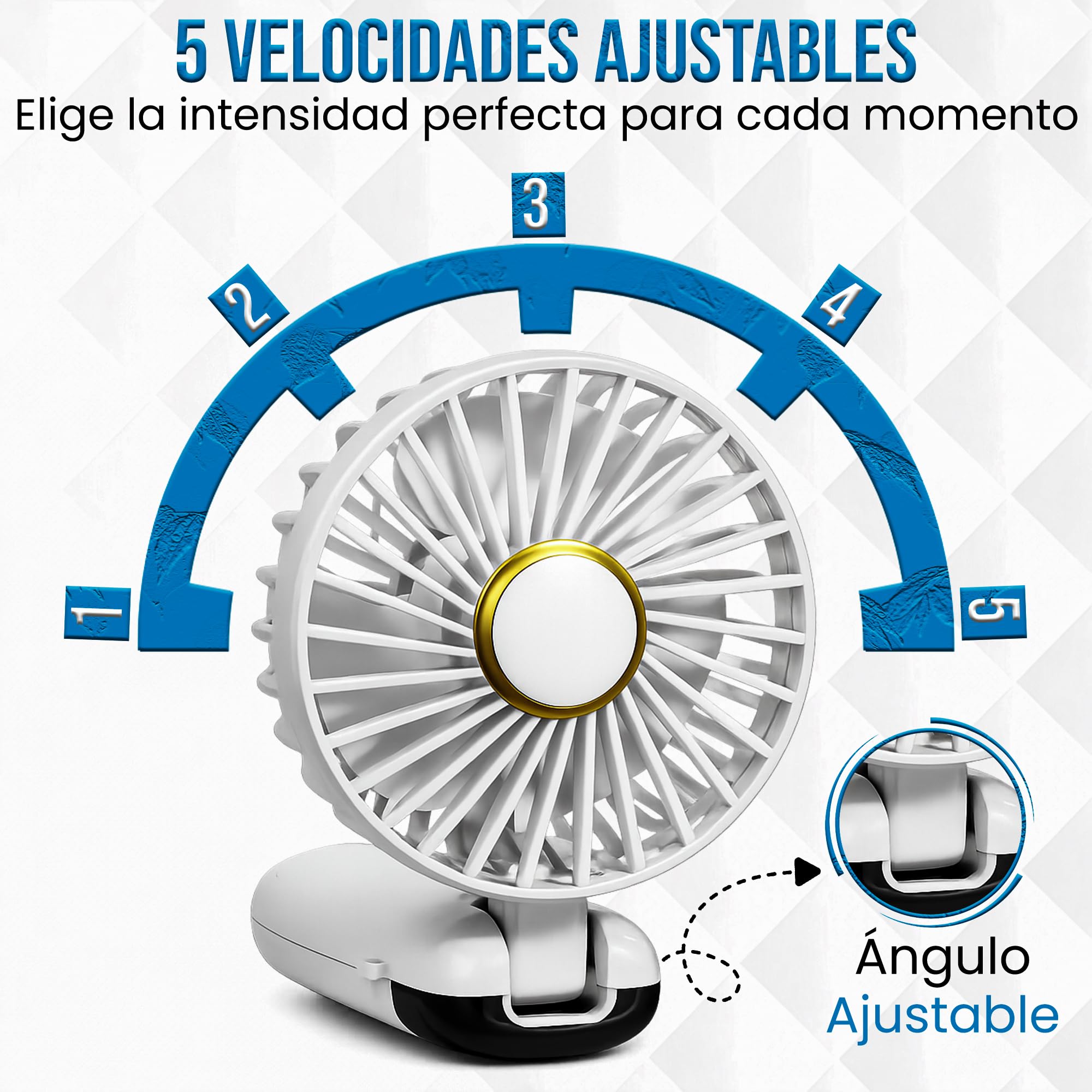 MENZZA® Ventilador Portatil 3 En 1 I 5 Velocidades I Ventilador De Mesa Recargable Por USB I Mini Ventilador Silencioso De Mano + Base + Cuerda Cuello Incluidas I 5000mAh. — view 2