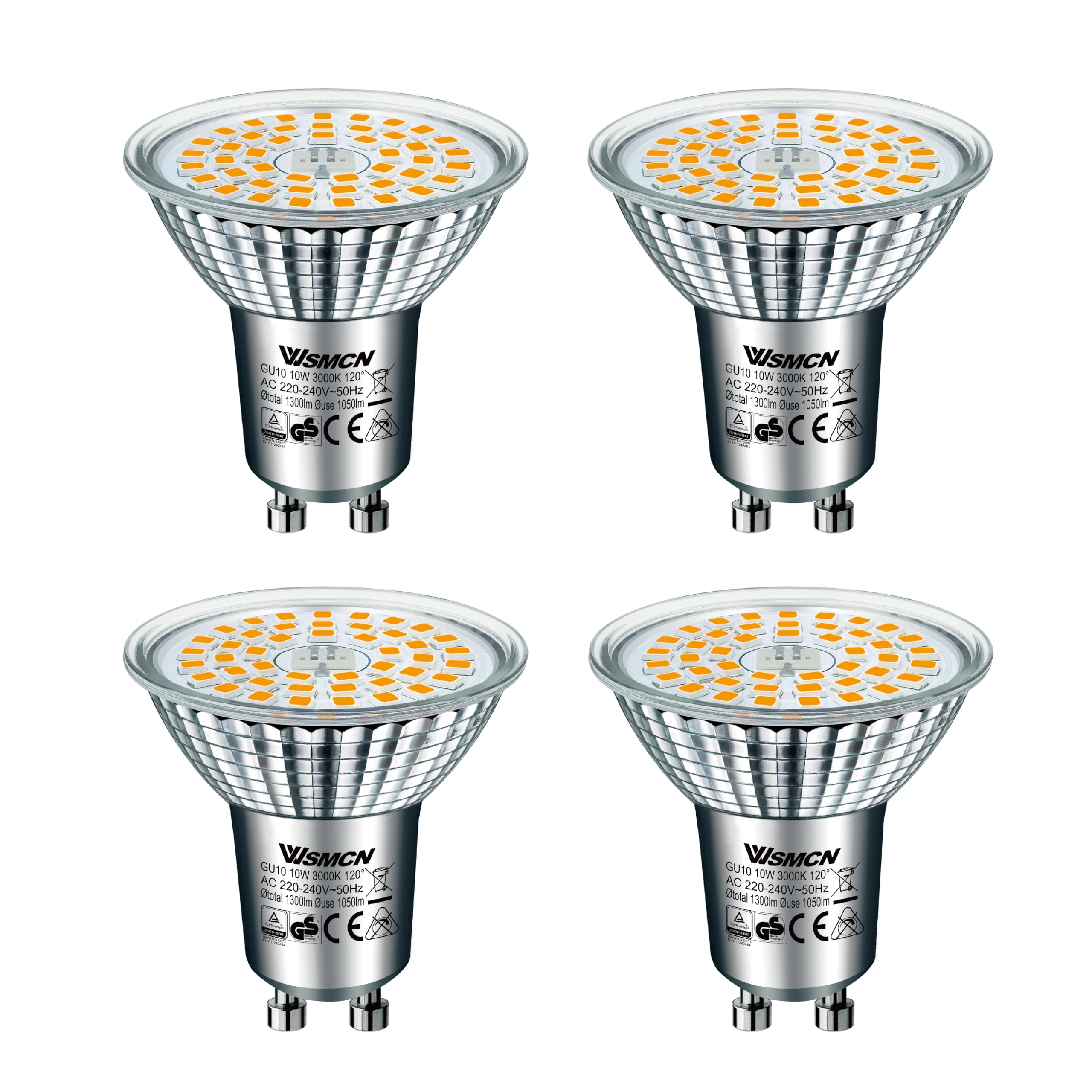 WSMCN GU10 LED Warmweiß Lampe, 10W Ersetzt 140W Halogen Leuchtmittel, 1050 Lumen 3000K Reflektorlampe, AC 230V Flimmerfrei Strahler, 120°Abstrahlwinkel Spot, Nicht Dimmbar Birnen, 4 Stücke