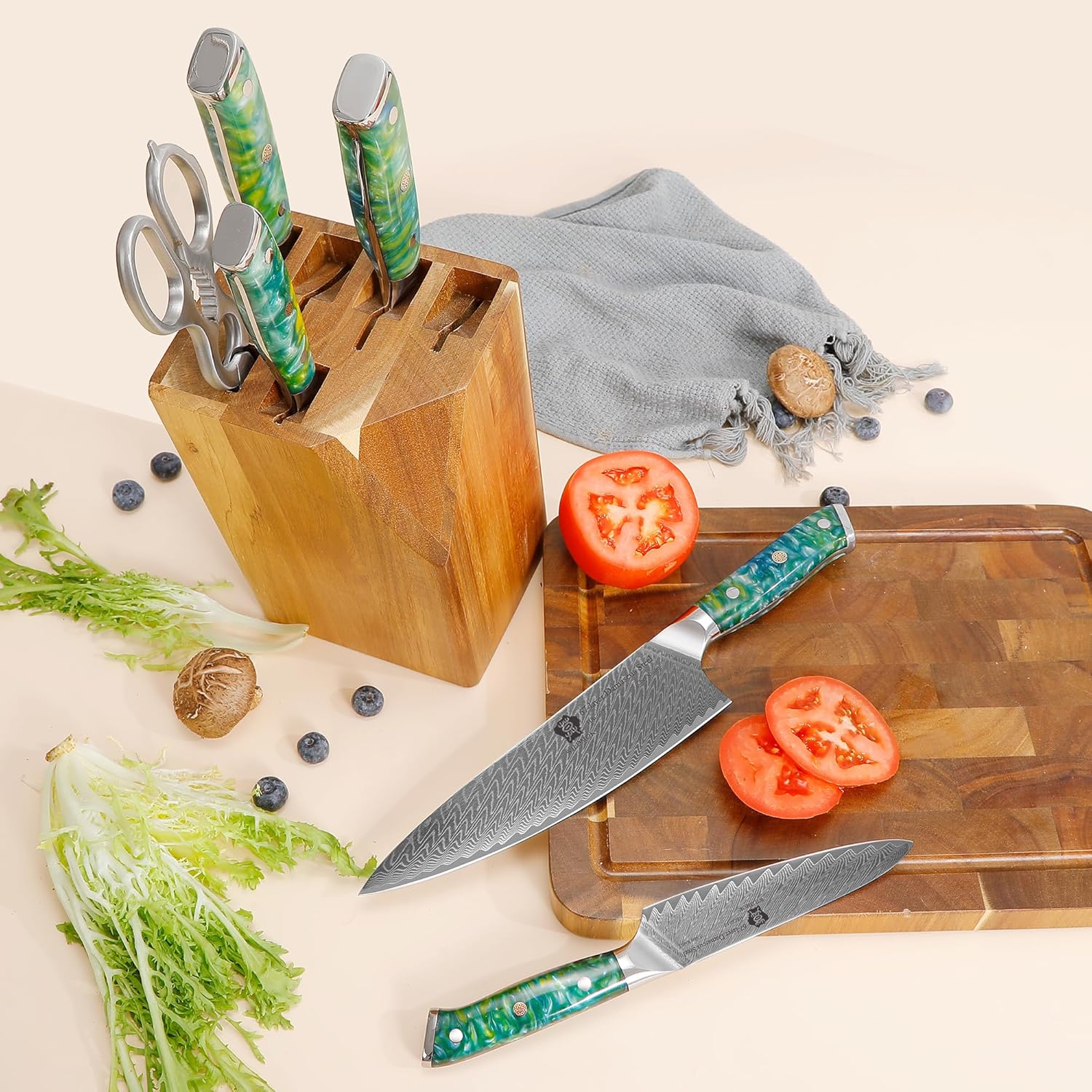 WILDMOK Damascus Kitchen Knife with Block 7pcs Premium Kitchen Knives Set with Resin Handle Professional Ultra Sharp Chef Knives Set with Gift Box