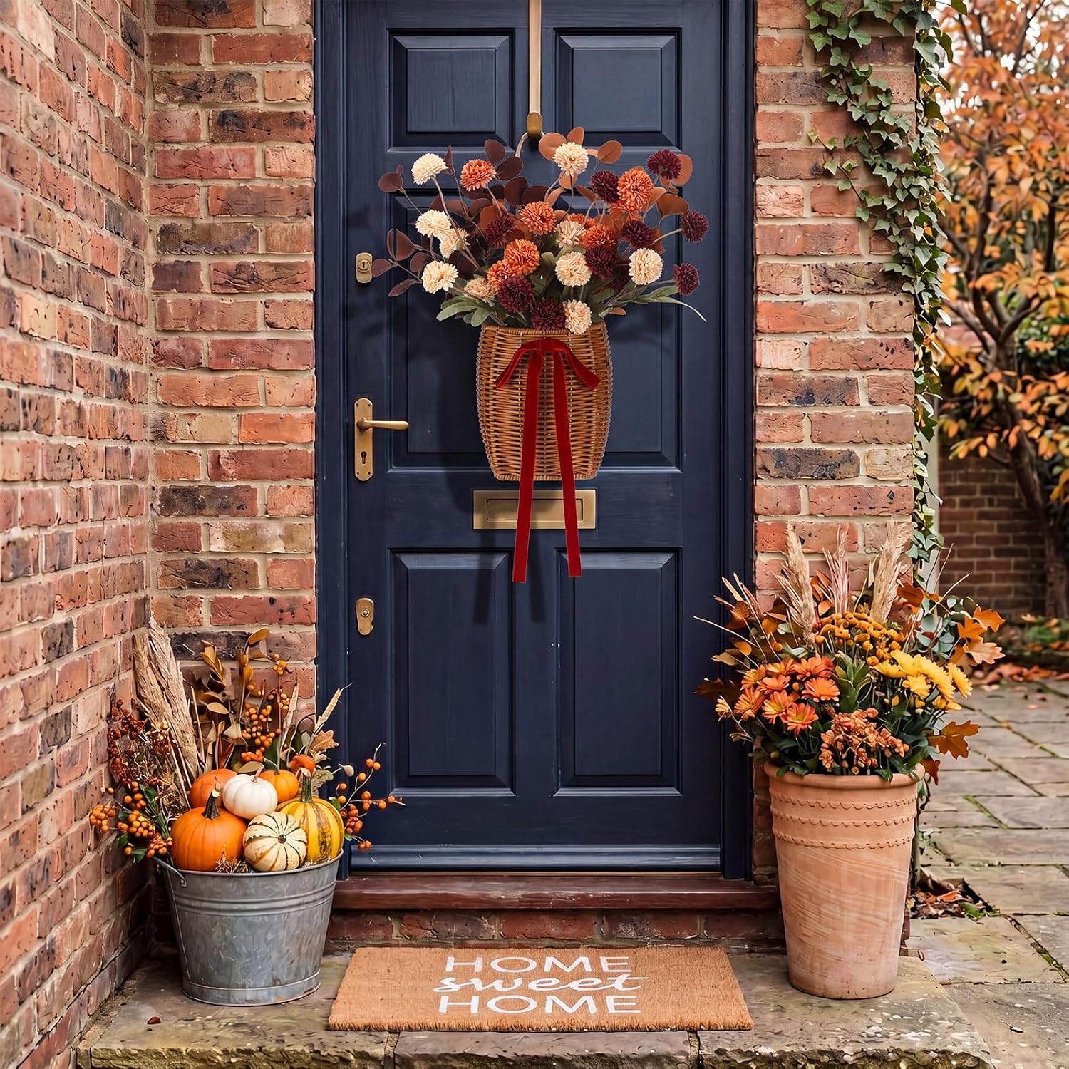 Fall Basket Wreath for Front Door with Artificial Dandelion Eucalyptu
