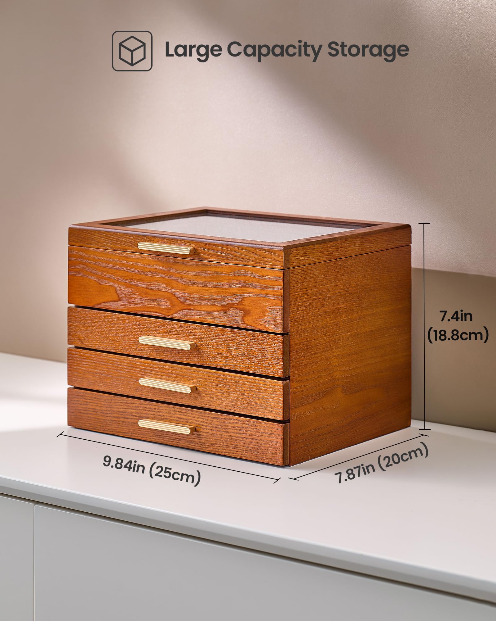 Lolalet Joyero de Madera, Cofre Organizador con Ventana Transparente, Caja para Collares, Pulseras, Pendientes y Anillos -Caja Elegante para Regalo y Almacenamiento– Cereza, 4 Capas