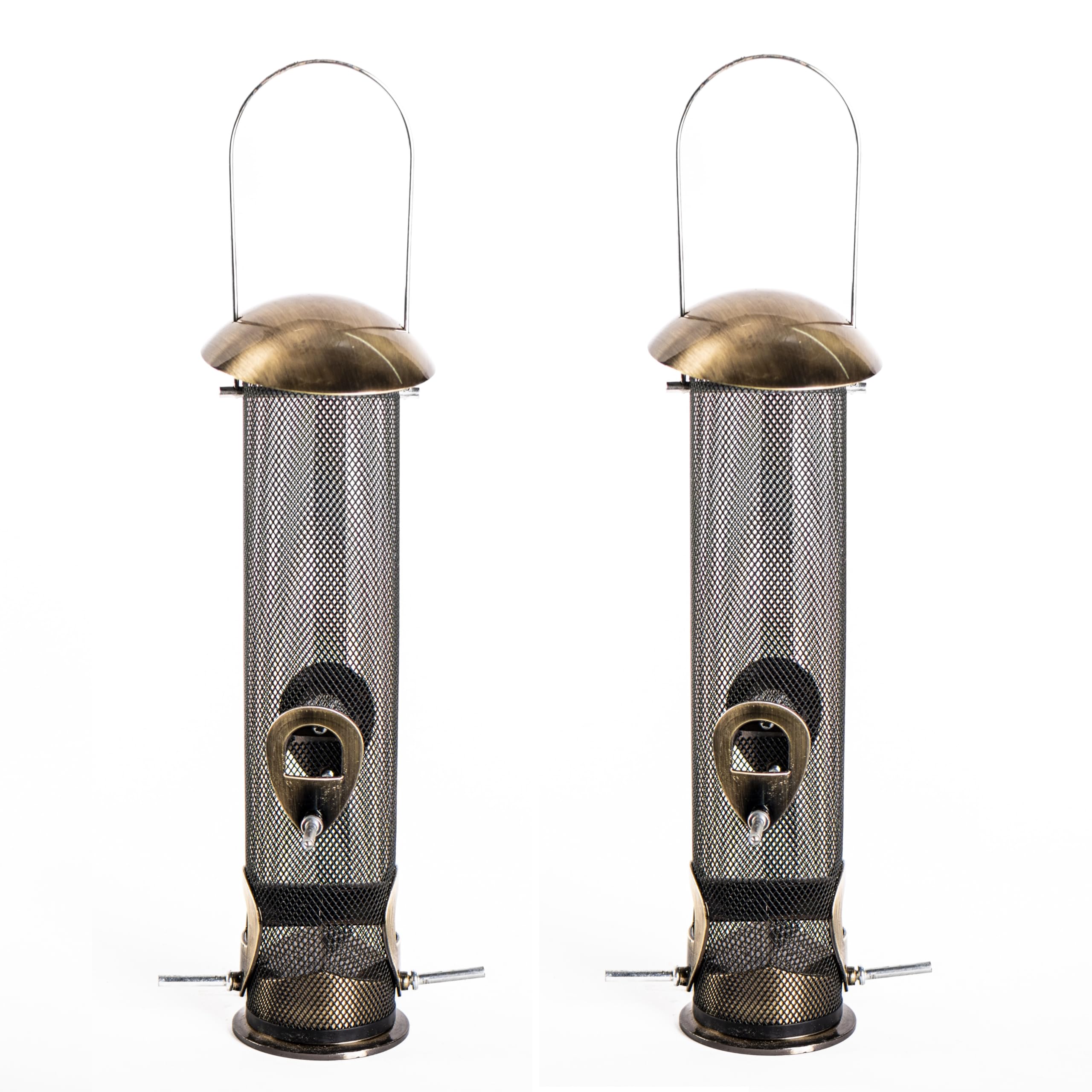 Happy Beaks Supreme Bird Feeder Collection, Antique Brass Zinc Alloy Metal Garden Hanging Feeders, Ideal for Seed, Peanut & Mealworm, Weatherproof, Set of 3 (Seed Feeder x2)