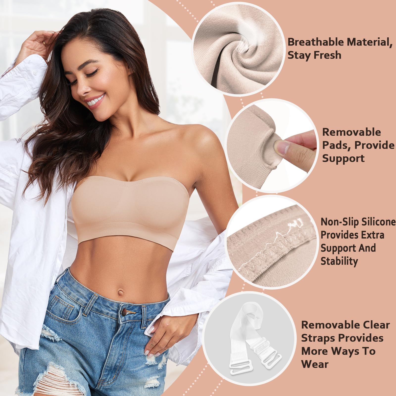 WOWENY Reggiseno a Fascia da Donna Senza Spalline Senza Ferretto, Bralette Imbottita Senza Cuciture con Spalline Trasparenti