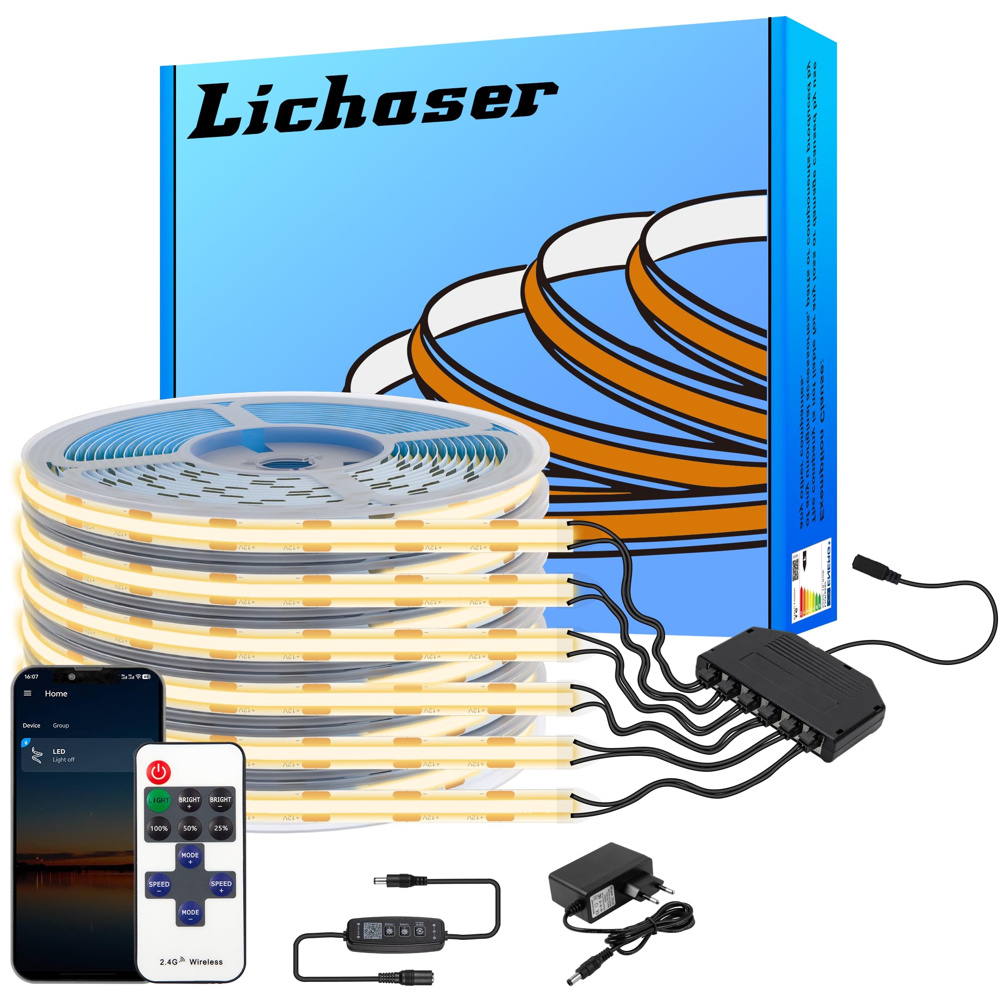 Lichaser LED Strip COB LED für Akustikpaneele, 6 Rollen 2700K Bluetooth COB LED Warmweiss Parallel mit APP und Remote, 12V Streifen für Akustikpaneele Beleuchtung, Wandpaneele, Regal, Schrank (5M)