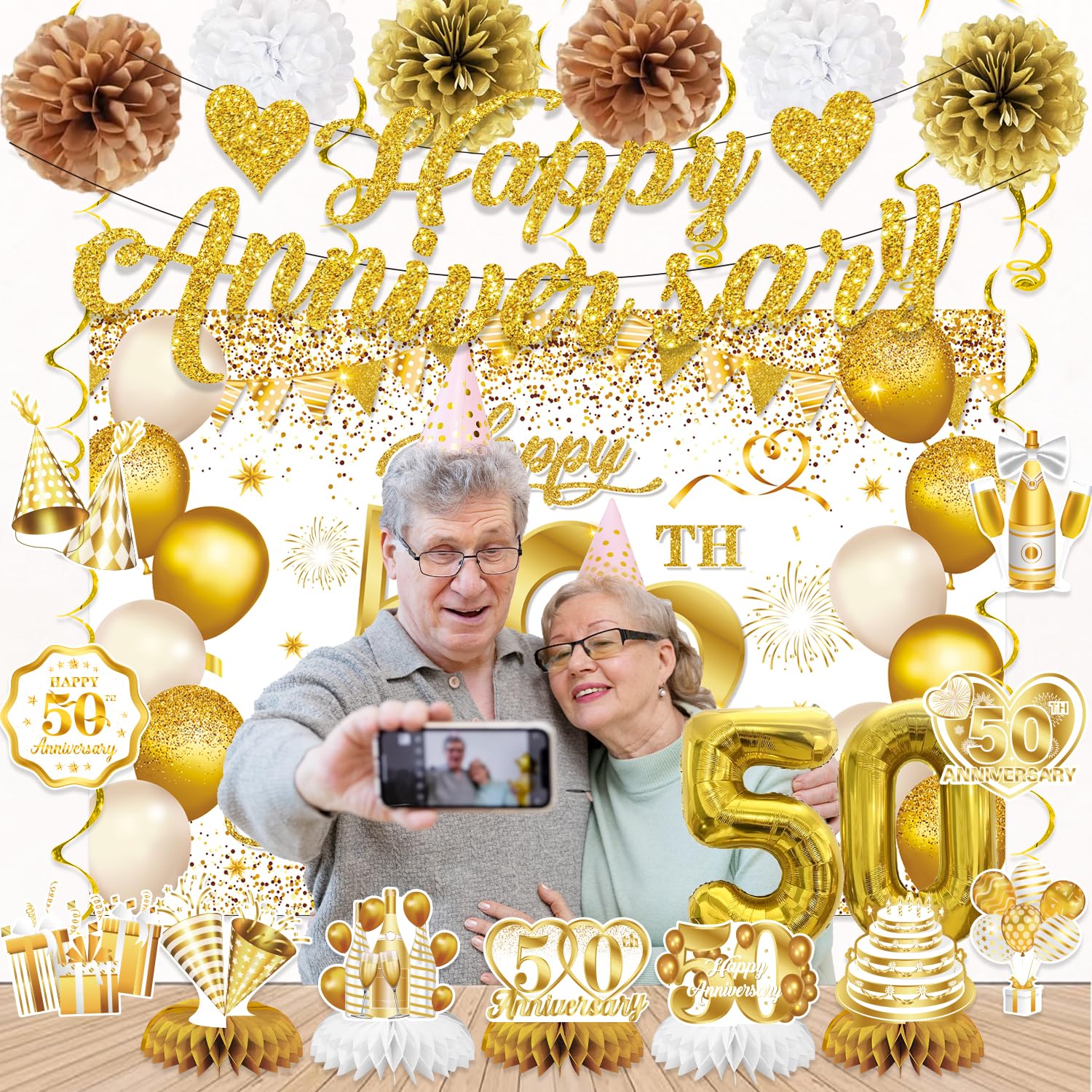 50th Wedding Anniversary Decorations - Happy 50th Anniversary Banner, Backdrop, Centerpieces, Hanging Swirls, Pom Pom - Party Supplies (White Gold)