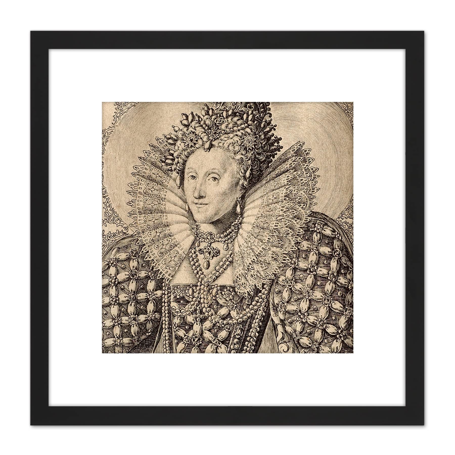 Artery8 Queboorn Queen Elizabeth England Engraving 8X8 Inch Square Wooden Framed Wall Art Print Picture with Mount