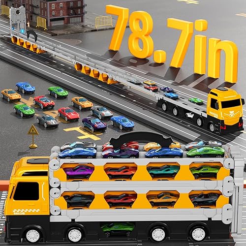 Miniatura 10 de Juguetes de camiones de 78 pulgadas para niños de 1-3, 2, 4, 3-5, 4-7 años, camiones de transporte con 24 piezas de autos fundidos a presión,