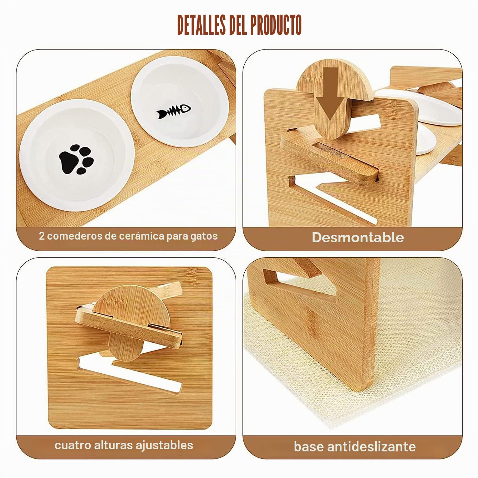 Comedero Gato,Comederos para Gatos Elevado Cuenco de Cerámica Comederos y Bebederos para Gato y Perro , Regulable en altura Con elegante soporte de bambú y Antideslizante Manteles