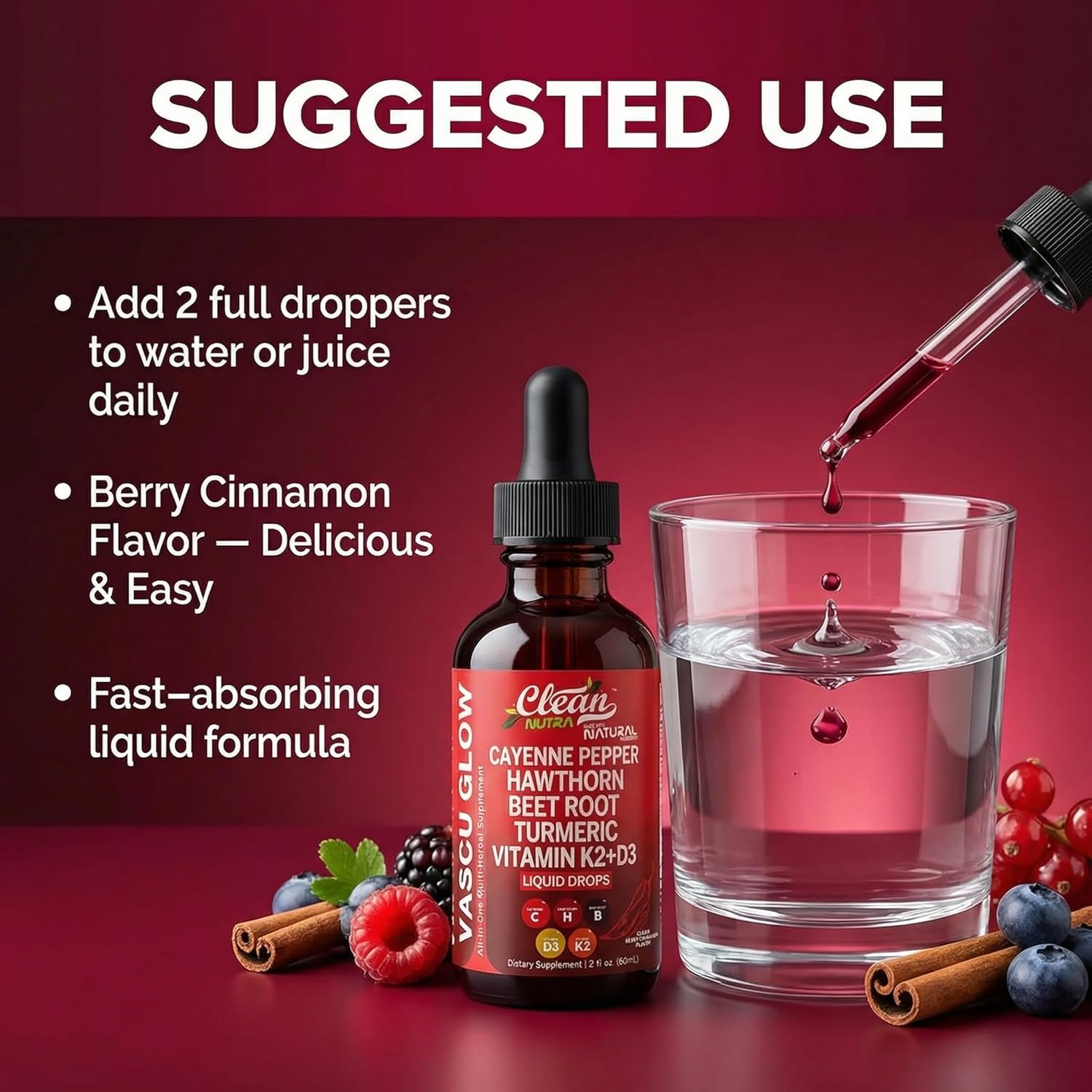 Clean Nutra Cayenne Pepper Drops Supplement Liquid + Hawthorn Berry, Vitamin D3 K2 Beet Root Powder, Ceylon Cinnamon, Turmeric Curcumin, Organic Panax Ginseng, Berberine Extract 1 Pack image 5 of 8 B0D7537K4Z