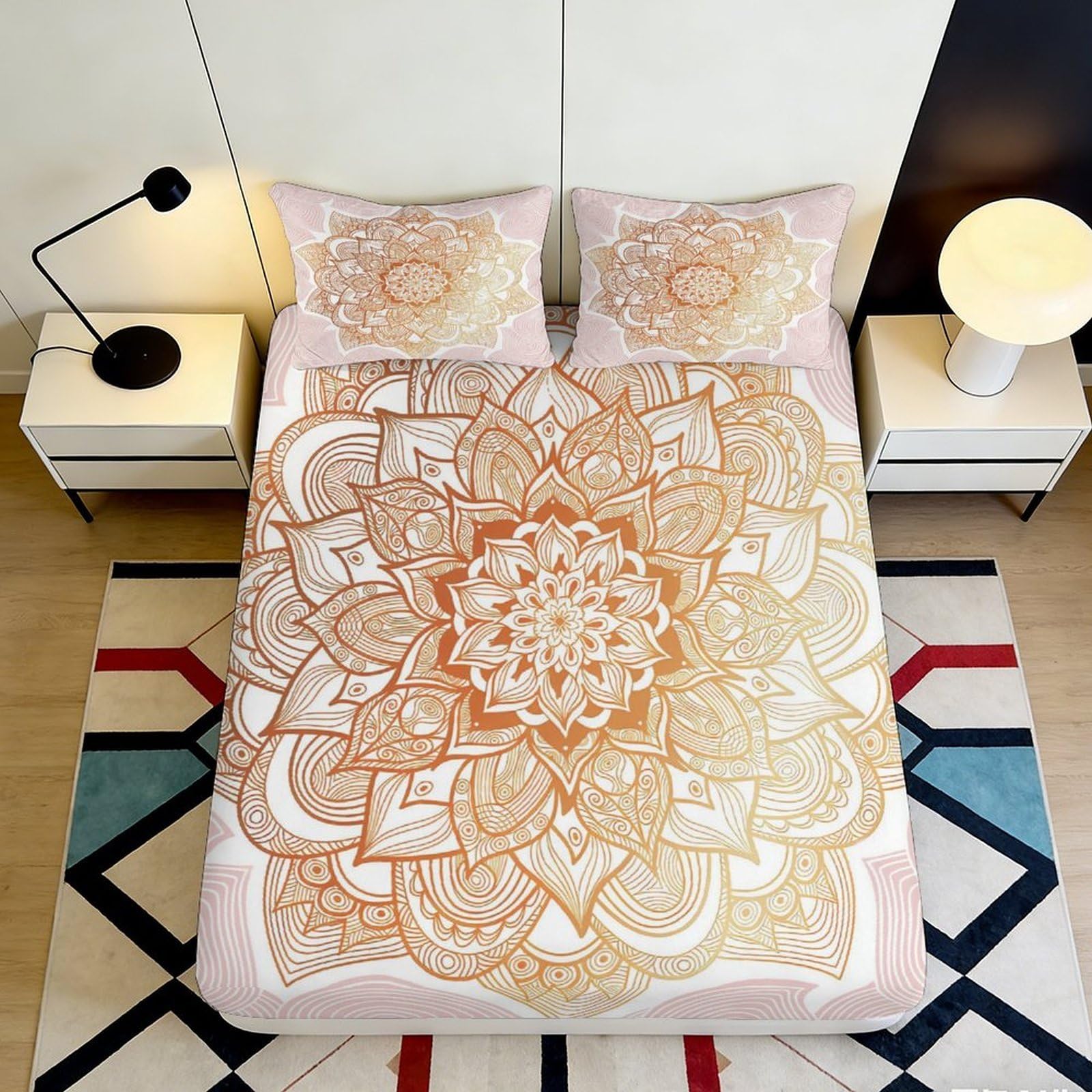 3D Printed Mandala Blossom Fitted Sheet Microfiber Soft Peach Gradient Mattress Cover for Bedroom Guest Room Decor 90x200x25cm