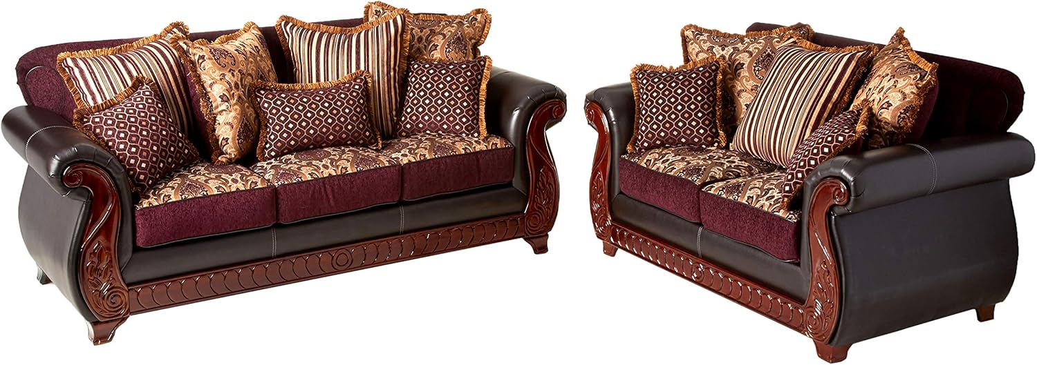 Furniture of America Kildred 2-Piece Fabric and Leatherette Sofa Set, Burgundy