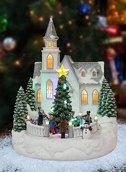 MOMENTS IN TIME Lighted Musical Christmas Church with Animated Carolers 13.5 LED Holiday Village Building Plays 8 Classic Christmas Songs Adapter Powered Decor Piece