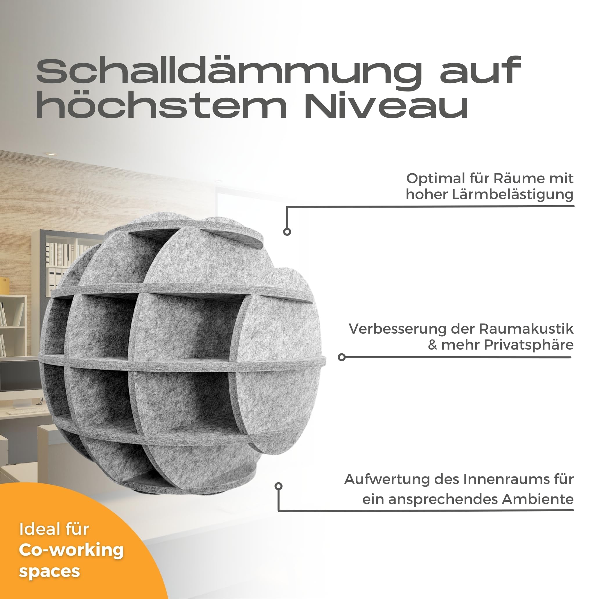 platino24 SATELLITE Akustikobjekt Kugel für die Decke – 40cm – Lichtgrau | Schalldämmung – Verbesserung der Raumakustik – 40cm Durchmesser – langlebig, extrem robust – 10-tlg. Steck-Set