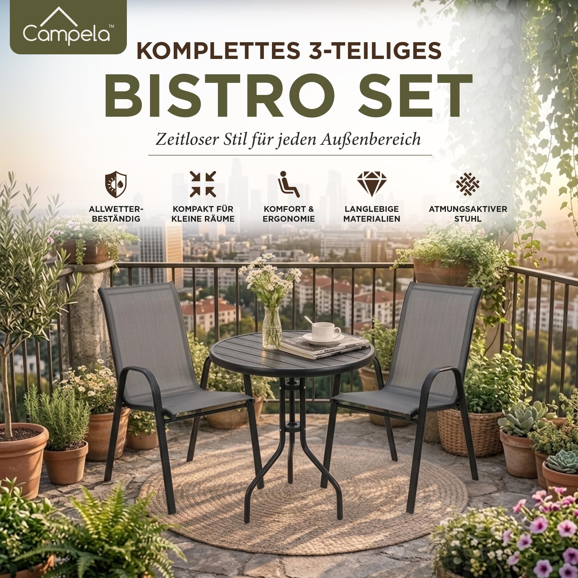 Balkonmöbel Set Für Kleinen Balkon Wetterfest – Gartenmöbel 3-teilig Aus Metall – Outdoor Sitzgruppe Mit Tisch Und 2 Stühlen – Balkonmöbel 2 Personen Für Terrasse