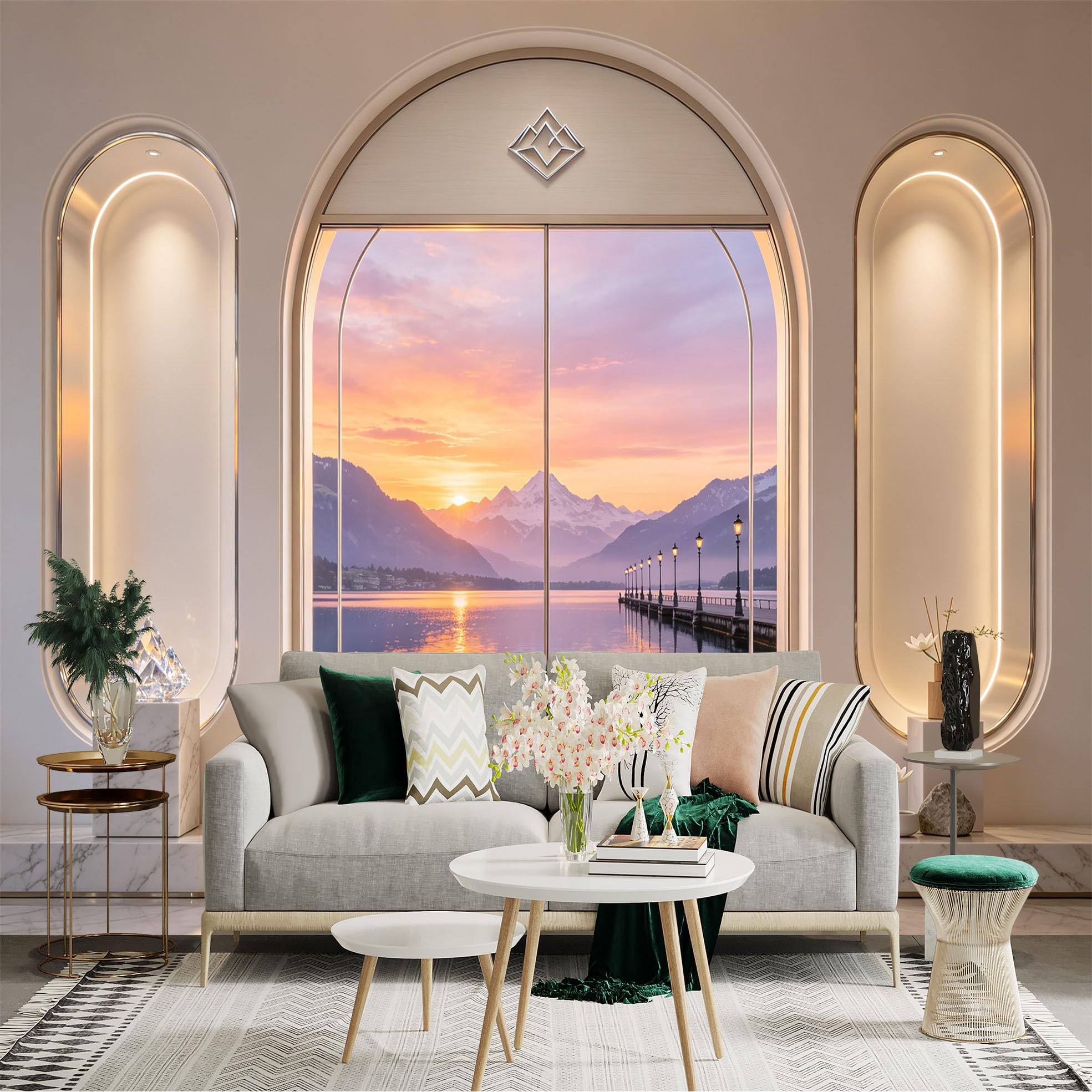 Custom Size Wall Sticker Mural， Sunset Lake View with Mountain Landscape and Pier Reflection， for wall Decoration， peelandstick wall Decals.