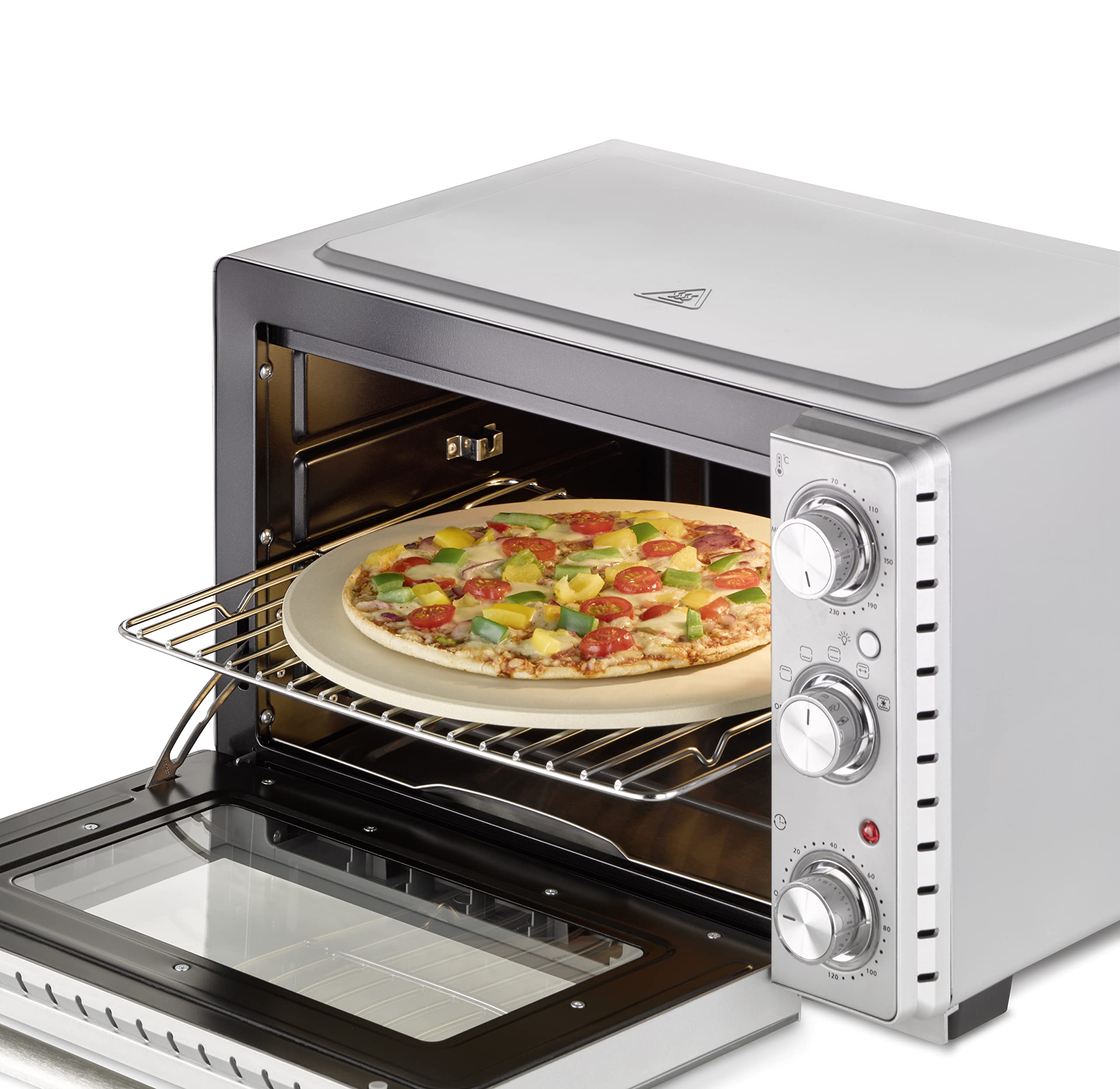 CASO TO 26 SilverStyle – designerski piekarnik, pojemność 26 l, 3 półki, 70-230 °C, w zestawie kamień do pizzy, 5-stopniowa funkcja: gorące powietrze, obrotowy rożen z silnikiem, zwycięzca testu w