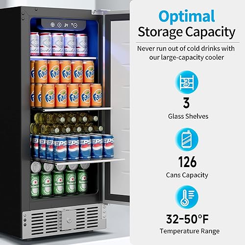 Miniatura 2 de Refrigerador de bebidas bajo encimera de 15 pulgadas, refrigerador de bebidas de 126 latas con puerta de acero inoxidable para cerveza, vino,