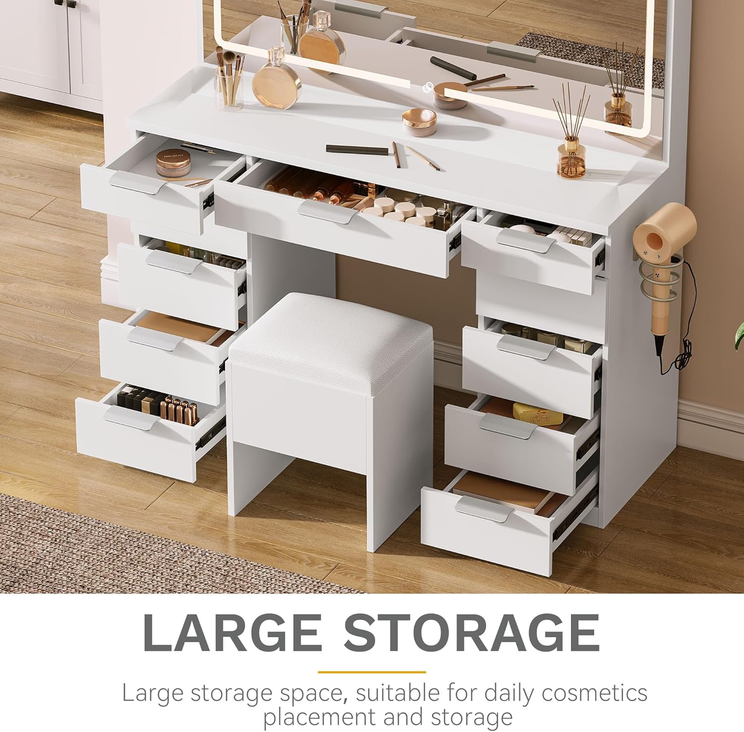 Vanity Drawers Open, Showing Storage Capacity