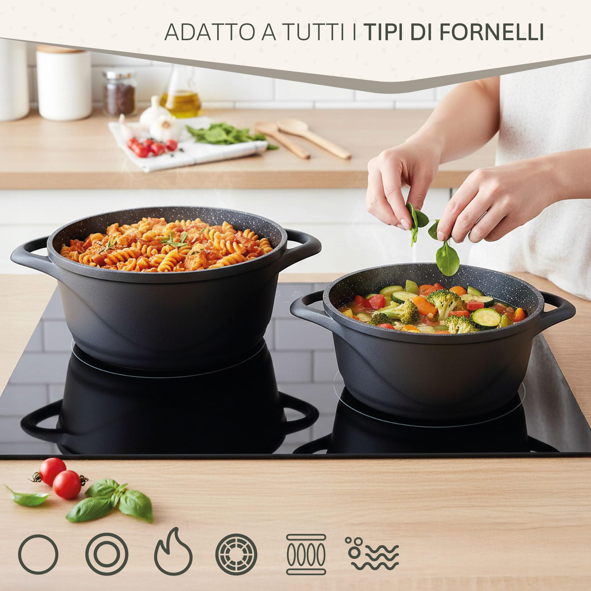 briebe Set Pentole Induzione Batteria 8 Pezzi, 4 Casseruola, Alluminio Pressofuso, Antiaderente ILAG GRANITEC senza PFOA, Coperchi in Vetro, Guanti in Silicone, Vetroceramica, Gas, Forno, MGK-12S