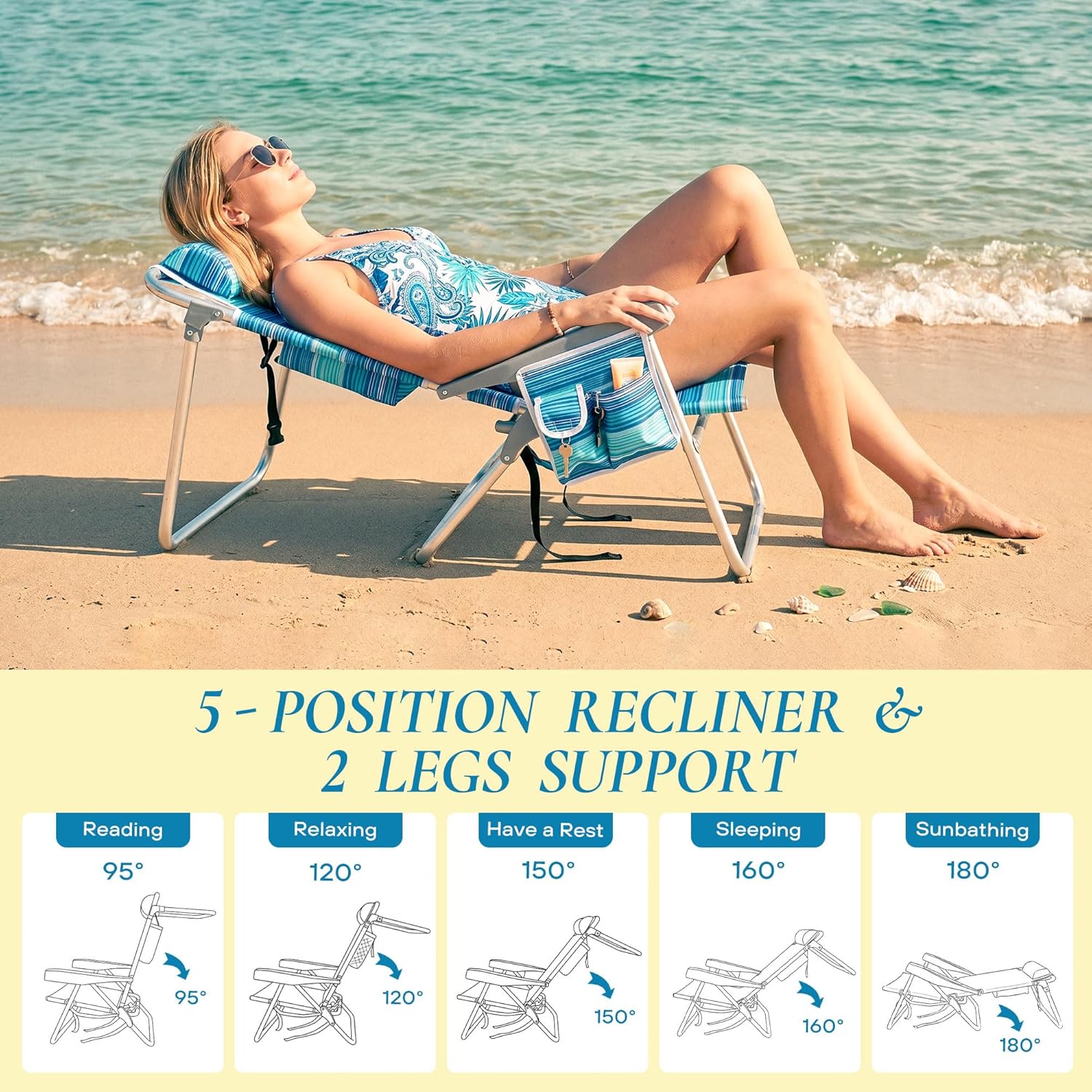 Tall Beach Chairs for Adults, Portable Folding Backpack Beach Chair Heavy Duty 5-Position Lay Flat with Cooler Bag, Cup Holder for Outdoor/Lawn/Trip/Picnic/Fishing/Camping