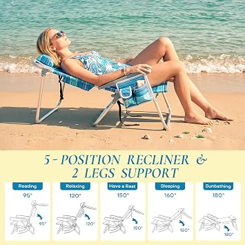 Backpack Beach Chairs for Adults Set of 2, Low Reclining Beach Chair, Portable Camping Chair Lightweight with Headrest, 5-Position Flat Adjustable Lounger, Cooler Bag, Drink Holder