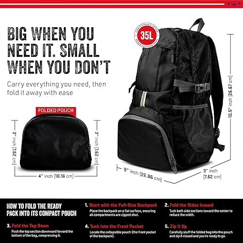 Miniatura 4 de MODERN NEEDS Ready Pack 35L - Mochila plegable para viajes, ligera, resistente al agua, mochila de senderismo compacta y plegable para hombres y