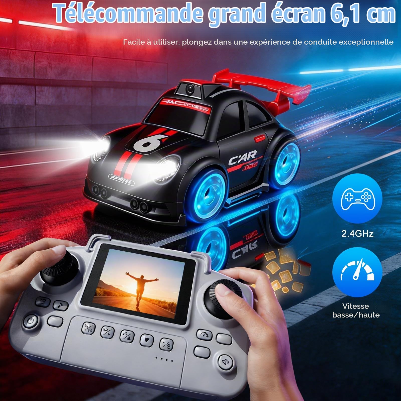 Voiture Télécommandée avec Caméra, RC Electrique Drift Truck avec écran de 2,4 Pouces, Photo en Direct/Vidéo, 2 Vitesses, Mode de Suivi, Démonstration Automatique