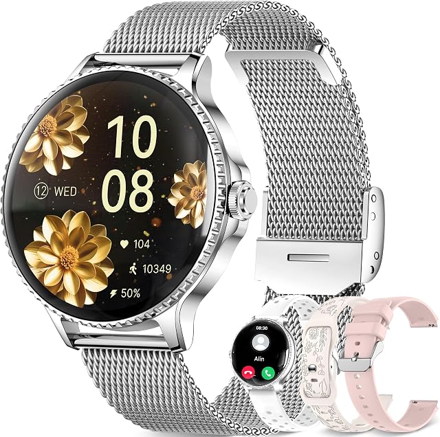 Montre intelligente pour les femmes avec Bluetooth Réponse / faire appel, 1.27" AMOLED Smartwatch avec 24H Coeur Rate/SpO2/Sleep Surveillance, 120+ Sports IP68 Montre de fitness imperméable pour Android iOS (Argent, 4 Bandes)