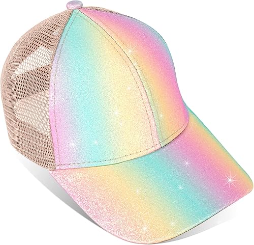Miniatura 6 de Gorra de béisbol con purpurina para niñas, sombrero cruzado para niña, gorra de cola de caballo alta para niña, gorra de camionero con cola de