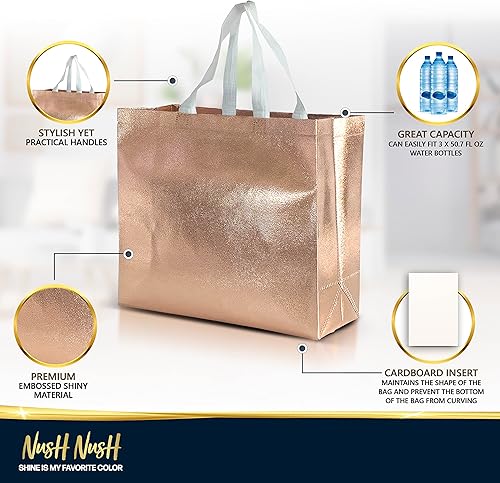Miniatura 4 de Nush Nush Bolsas de regalo de oro rosa de tamaño grande, juego de 15 bolsas de regalo reutilizables de oro rosa con asas blancas, perfectas como