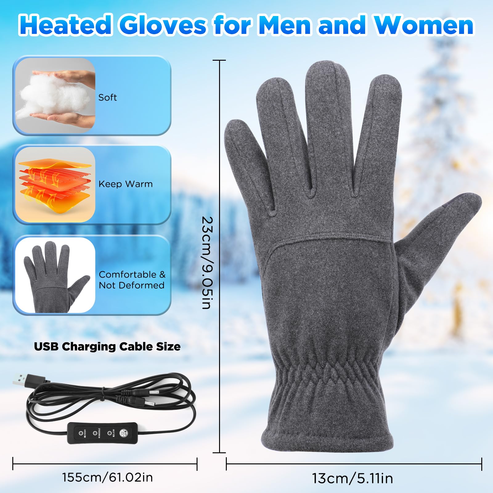 Guantes Calefactables USB para Hombres Mujeres, Guantes Aptos para Pantallas Táctiles Guantes Calefactores de Punto Guantes de calefacción de Temperatura Ajustable para Interior y Exterior
