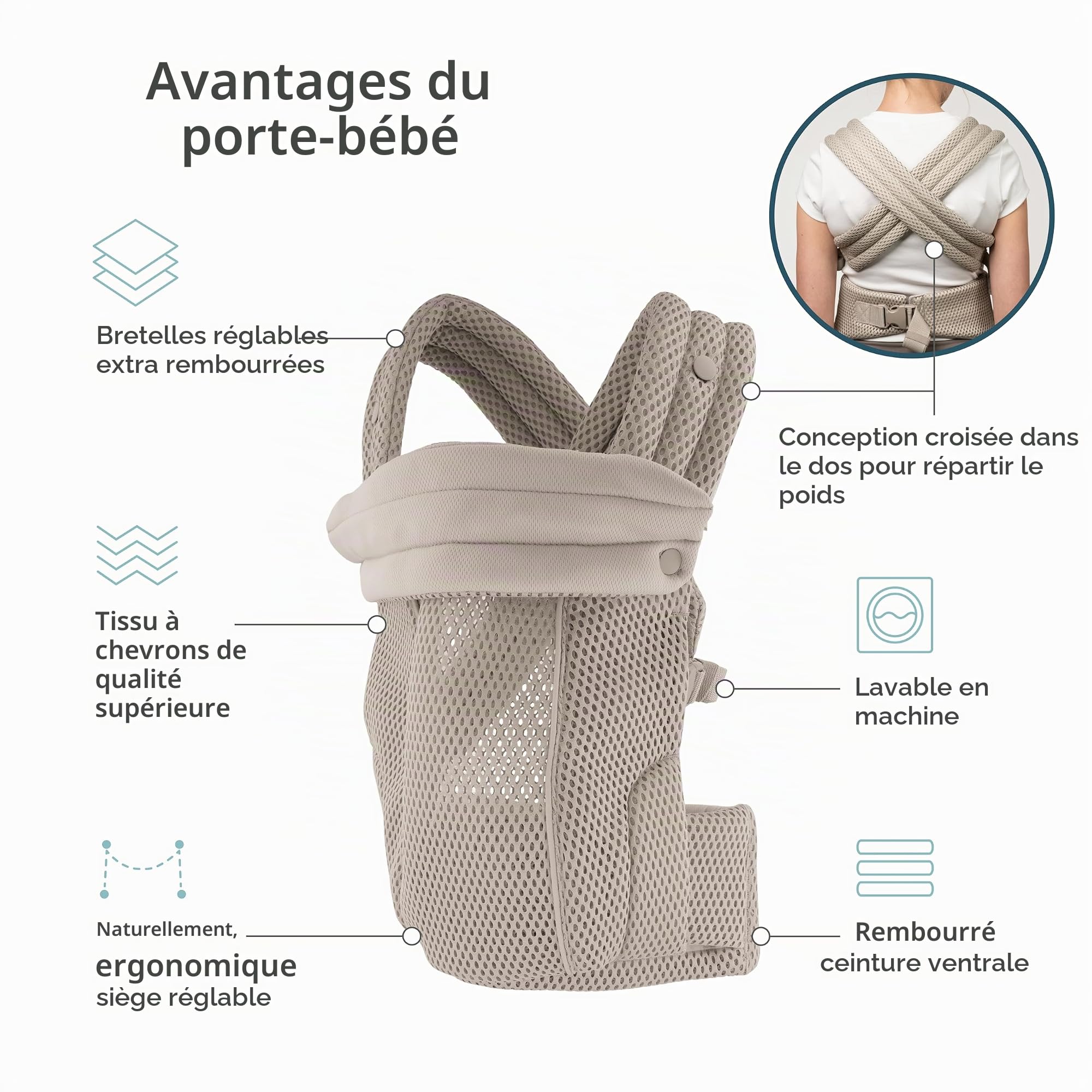 Infantino Honey Blossom Porte-Bébé Ergonomique Maille Respirante, 3,2–18,1 kg, Position en M, Assise Réglable, Moon Beam