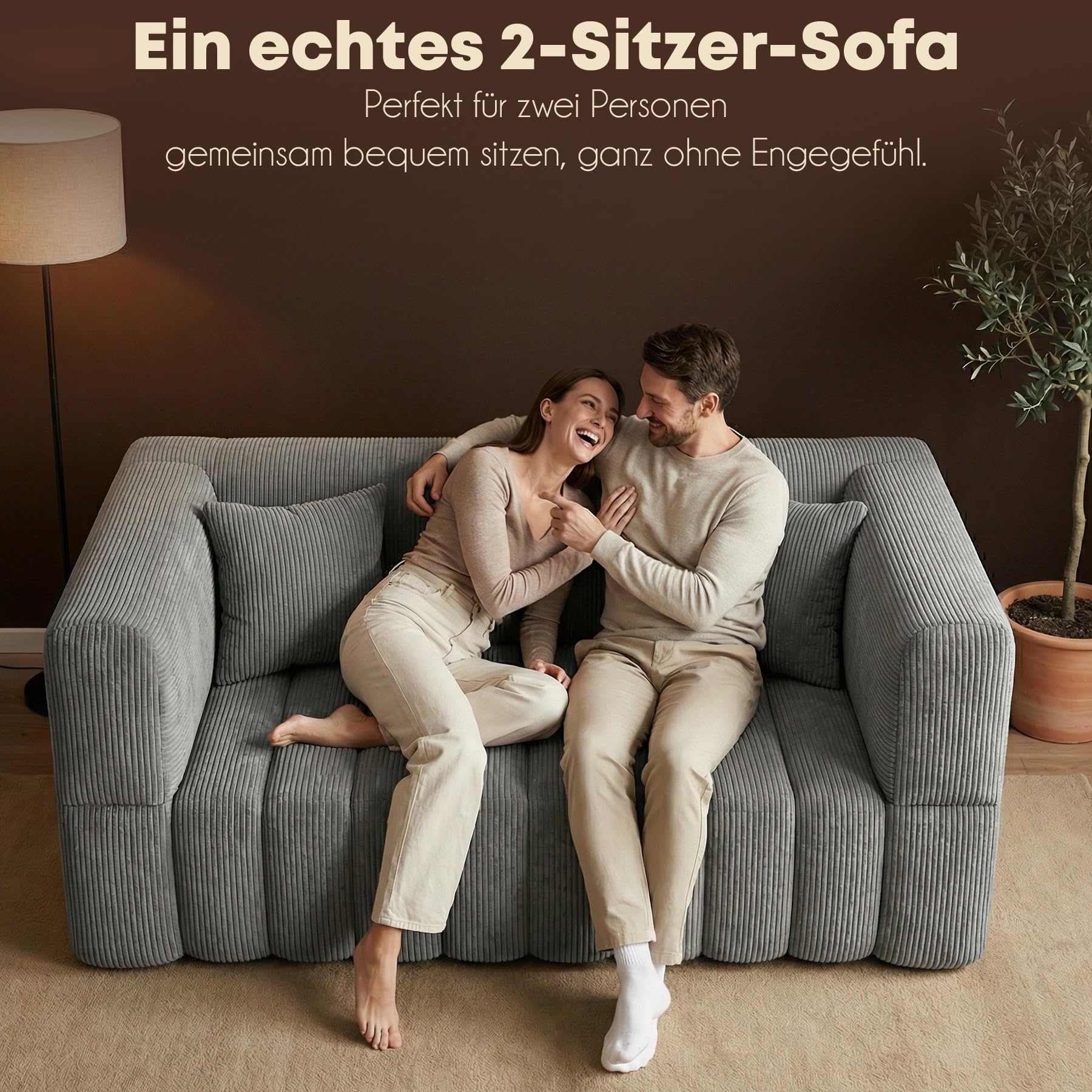 RUMMY 2-Sitzer Sofa aus Cord, kompaktes Bodensofa mit weicher Schaumstoffpolsterung, rahmenlose Couch für Wohnzimmer, Schlafzimmer und Wohnung, Grau